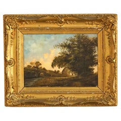 Peinture ancienne à l'huile sur toile, scène de ferme pastorale avec grange, C1890