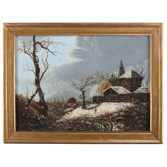 Antique Oil on Canvas Landscape Painting, Winter Scene with Barn, 19th Century