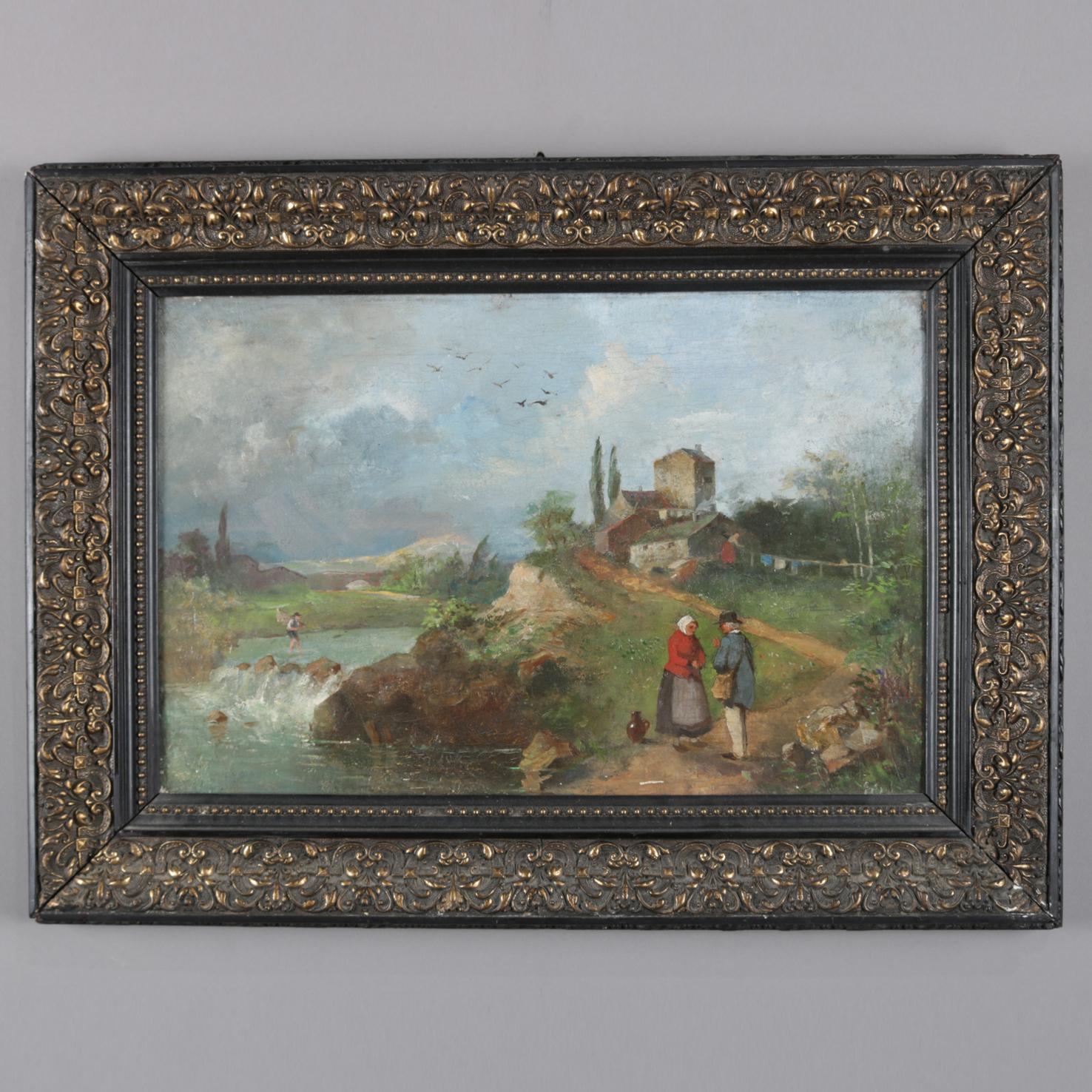 Antique Oil on Canvas Landscape Painting with Farm & Figures, 19th Century 8