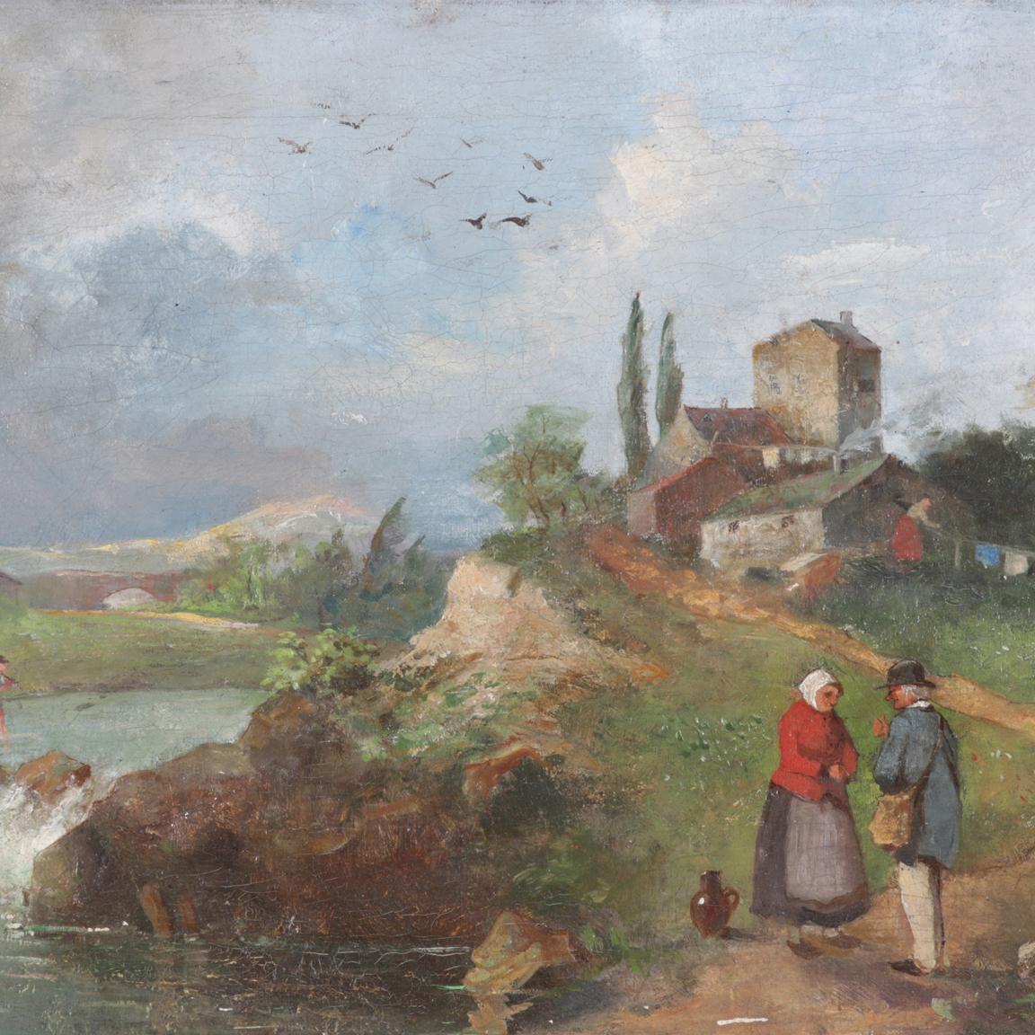 Hand-Painted Antique Oil on Canvas Landscape Painting with Farm & Figures, 19th Century