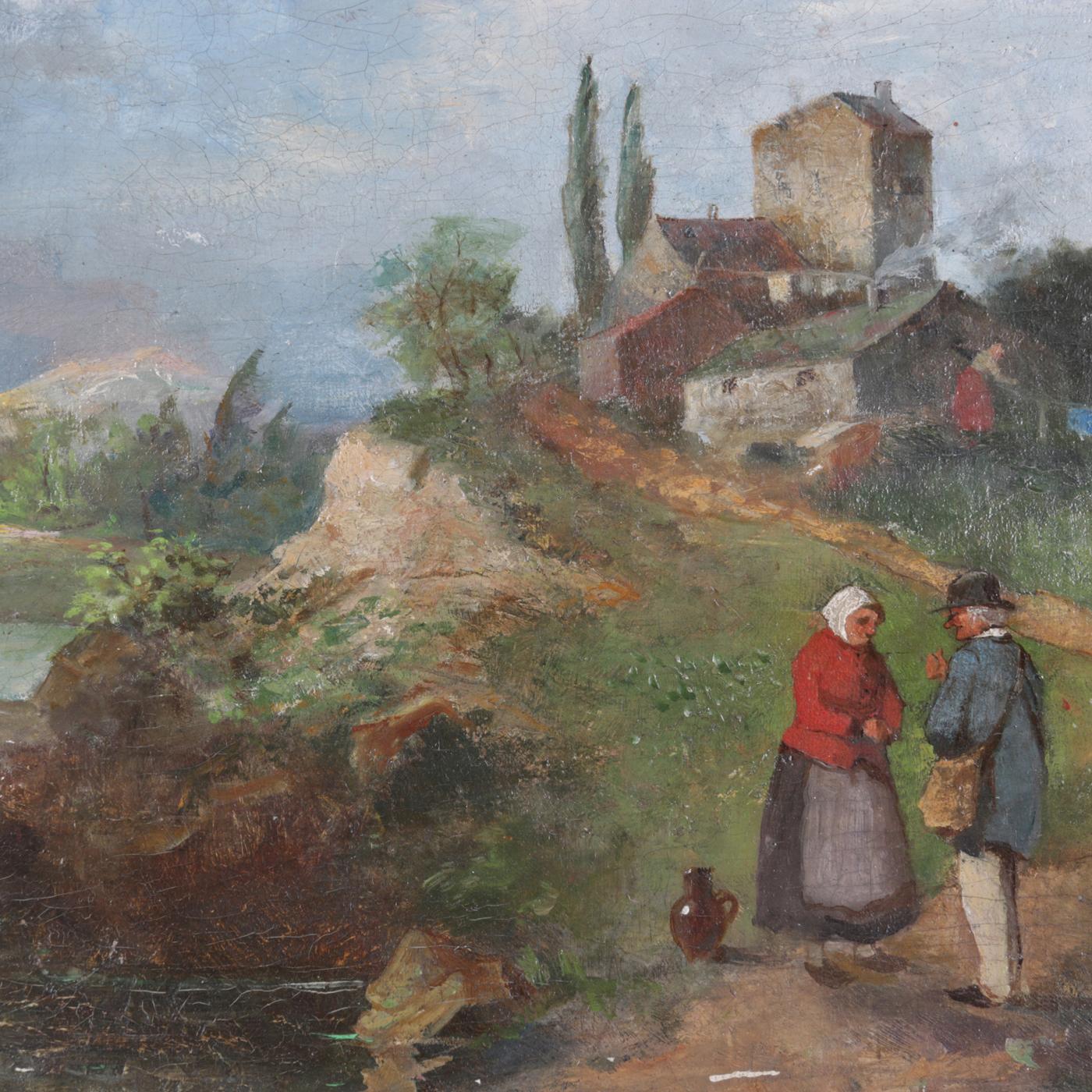 Antique Oil on Canvas Landscape Painting with Farm & Figures, 19th Century 1