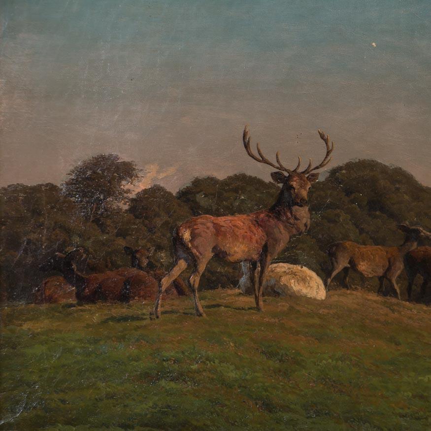 This majestic landscape painting of a stag among a herd of deer on a hill overlooking the ocean has a wonderful presence enhanced by the attention to detail and it's vivid colors. The canvas is mounted in a painted wood frame and signed in the lower