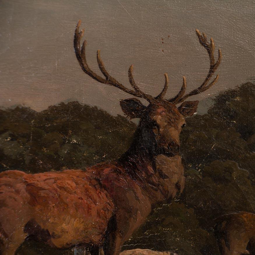 Antique Oil on Canvas Landscape Painting with Stag and Deer Signed Carl Bartsch In Good Condition In Round Top, TX