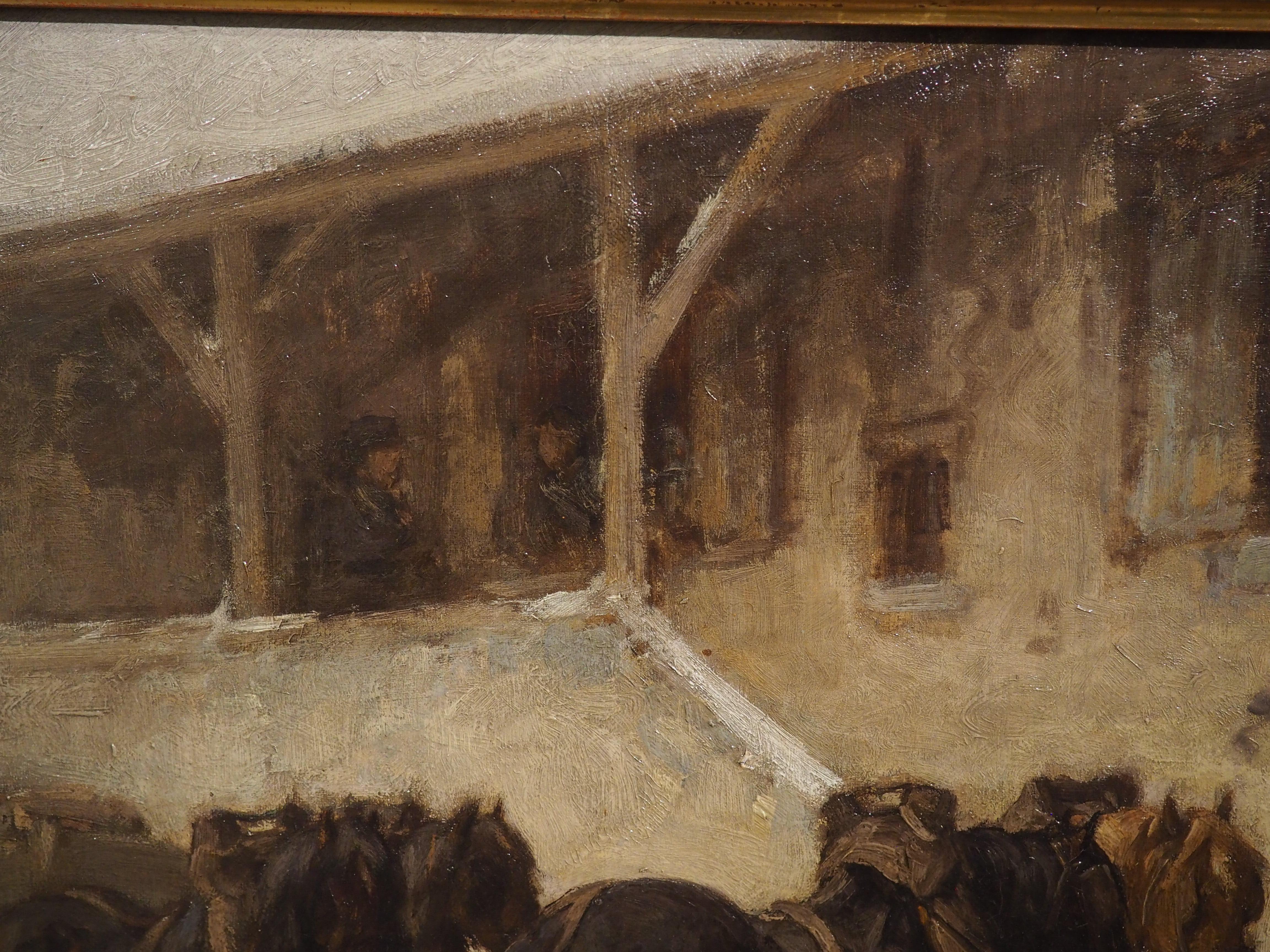 Antique Oil on Canvas, Loading the Wagon at the Stables in Winter, Circa 1890 For Sale 4
