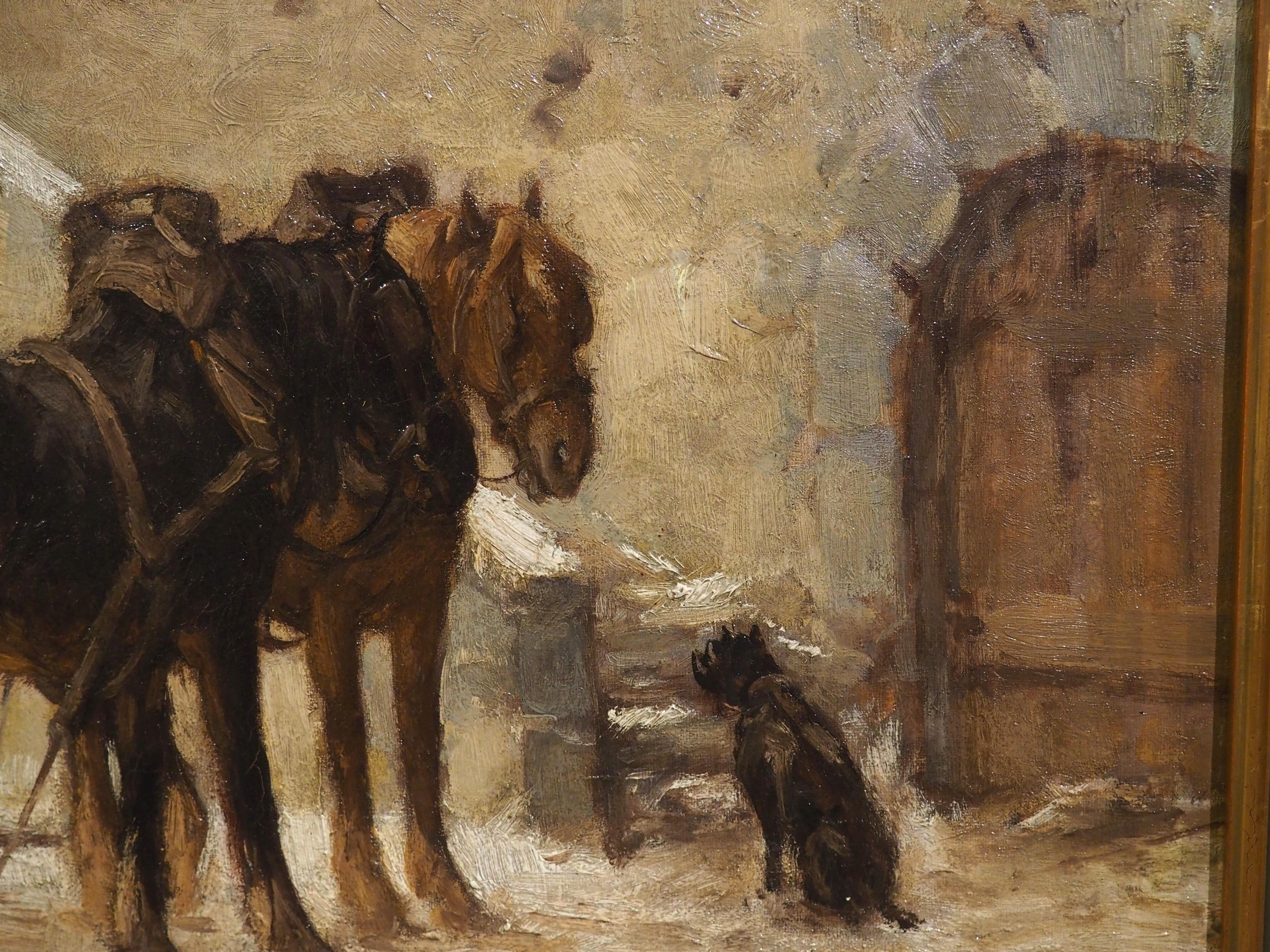 Antique Oil on Canvas, Loading the Wagon at the Stables in Winter, Circa 1890 For Sale 5