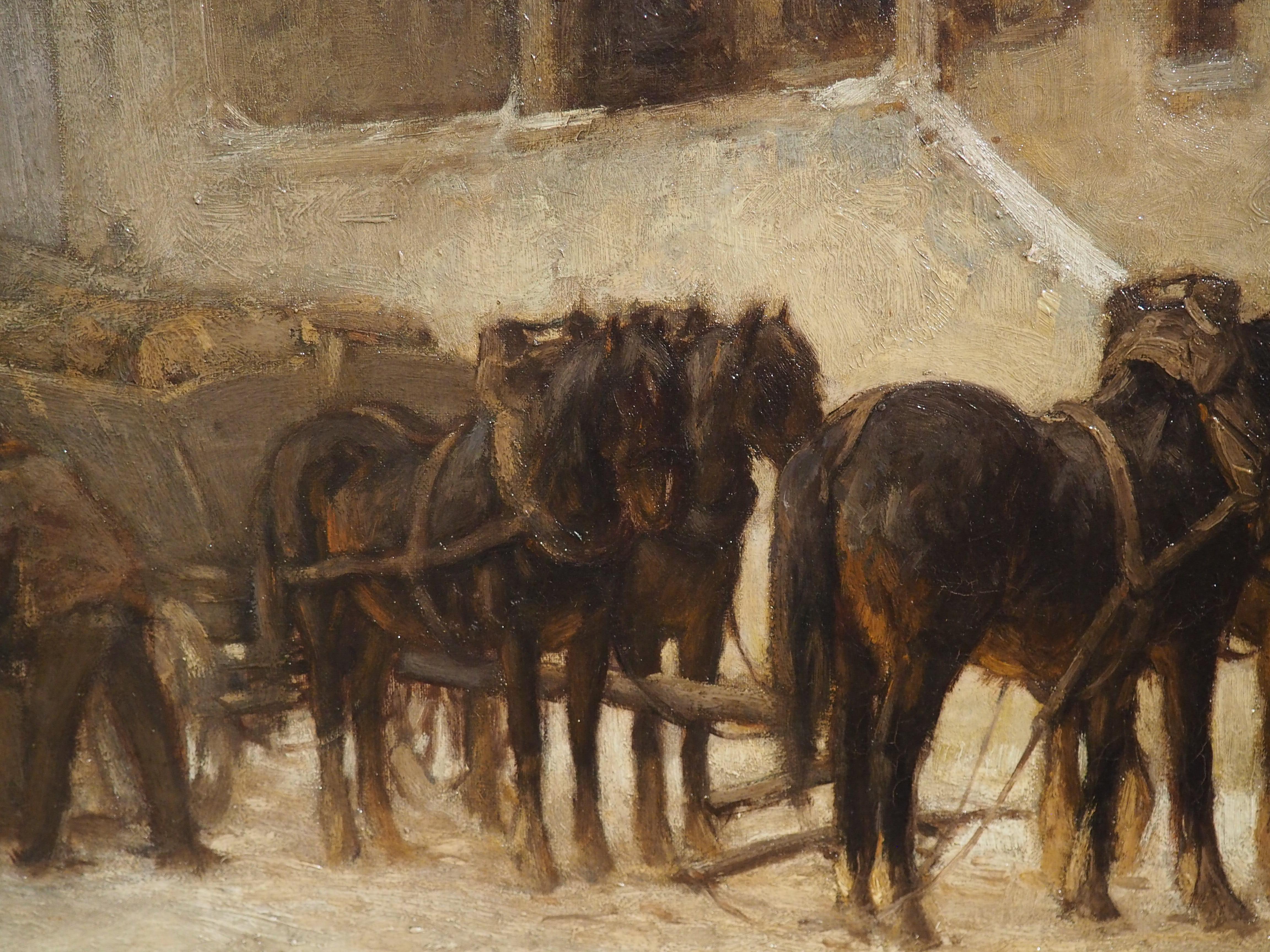 Antique Oil on Canvas, Loading the Wagon at the Stables in Winter, Circa 1890 For Sale 6