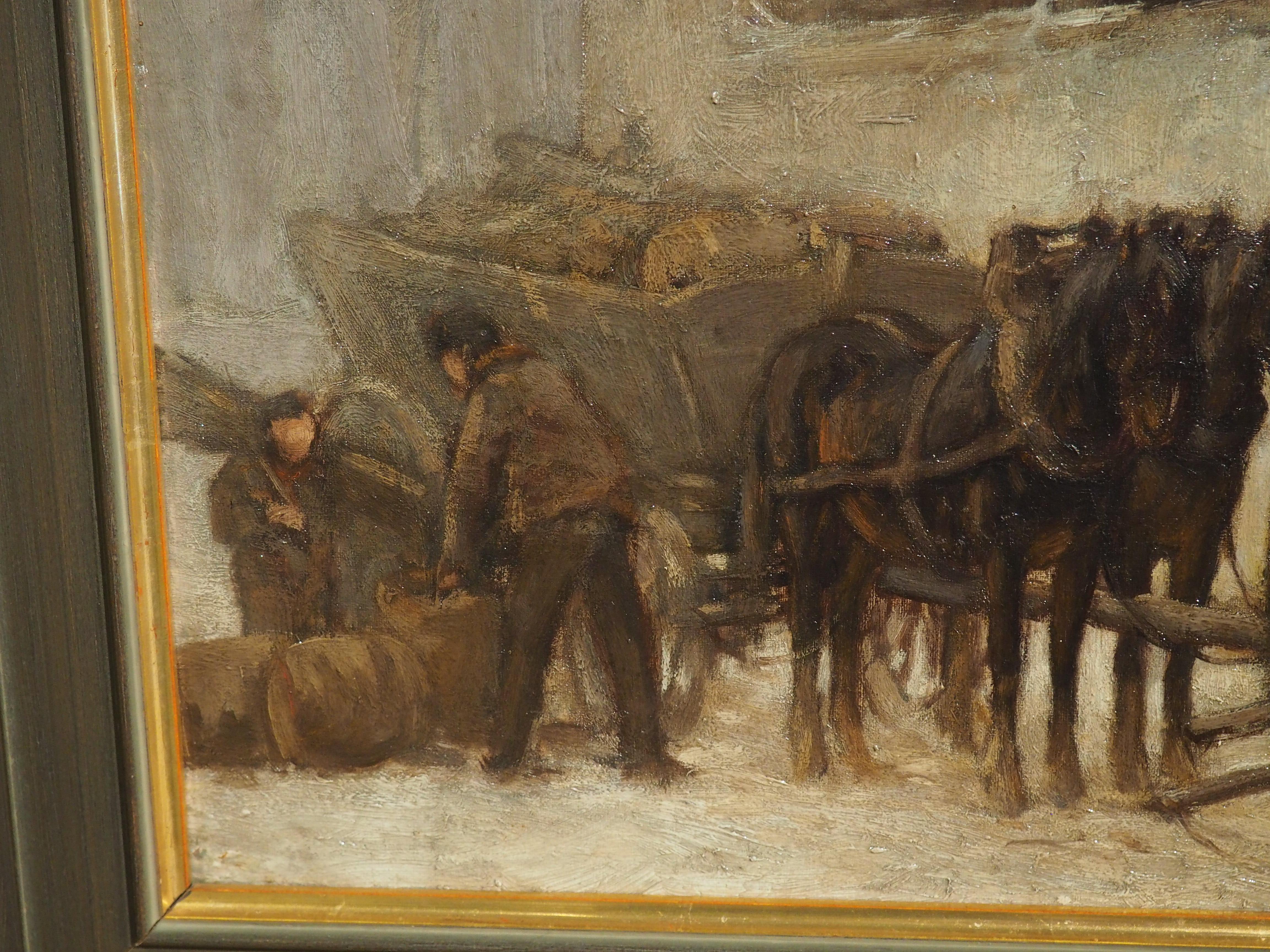 Antique Oil on Canvas, Loading the Wagon at the Stables in Winter, Circa 1890 For Sale 7