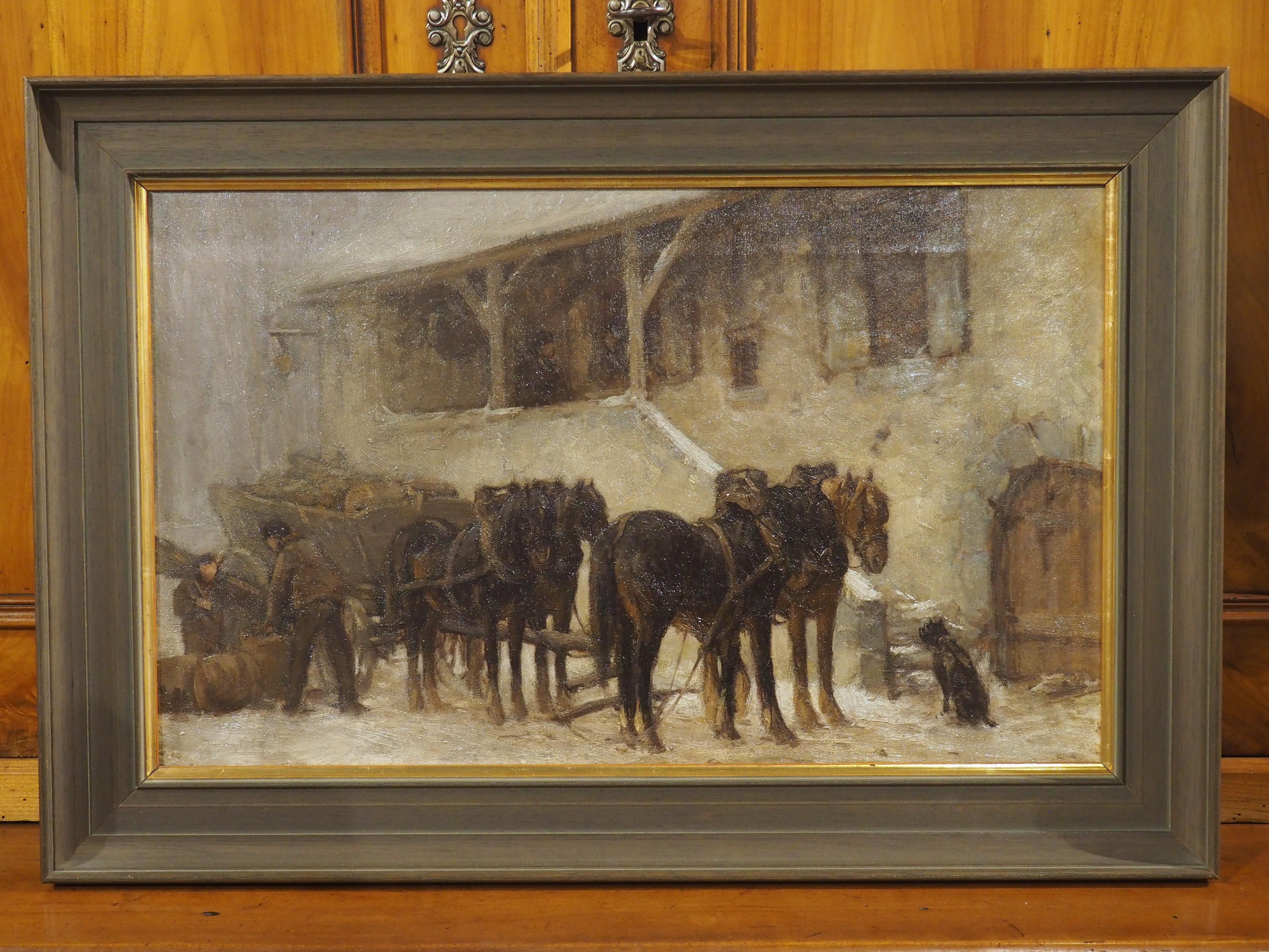 Antique Oil on Canvas, Loading the Wagon at the Stables in Winter, Circa 1890 For Sale 8