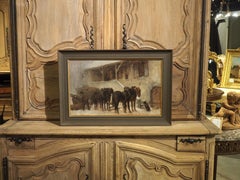 Antique Oil on Canvas, Loading the Wagon at the Stables in Winter, Circa 1890
