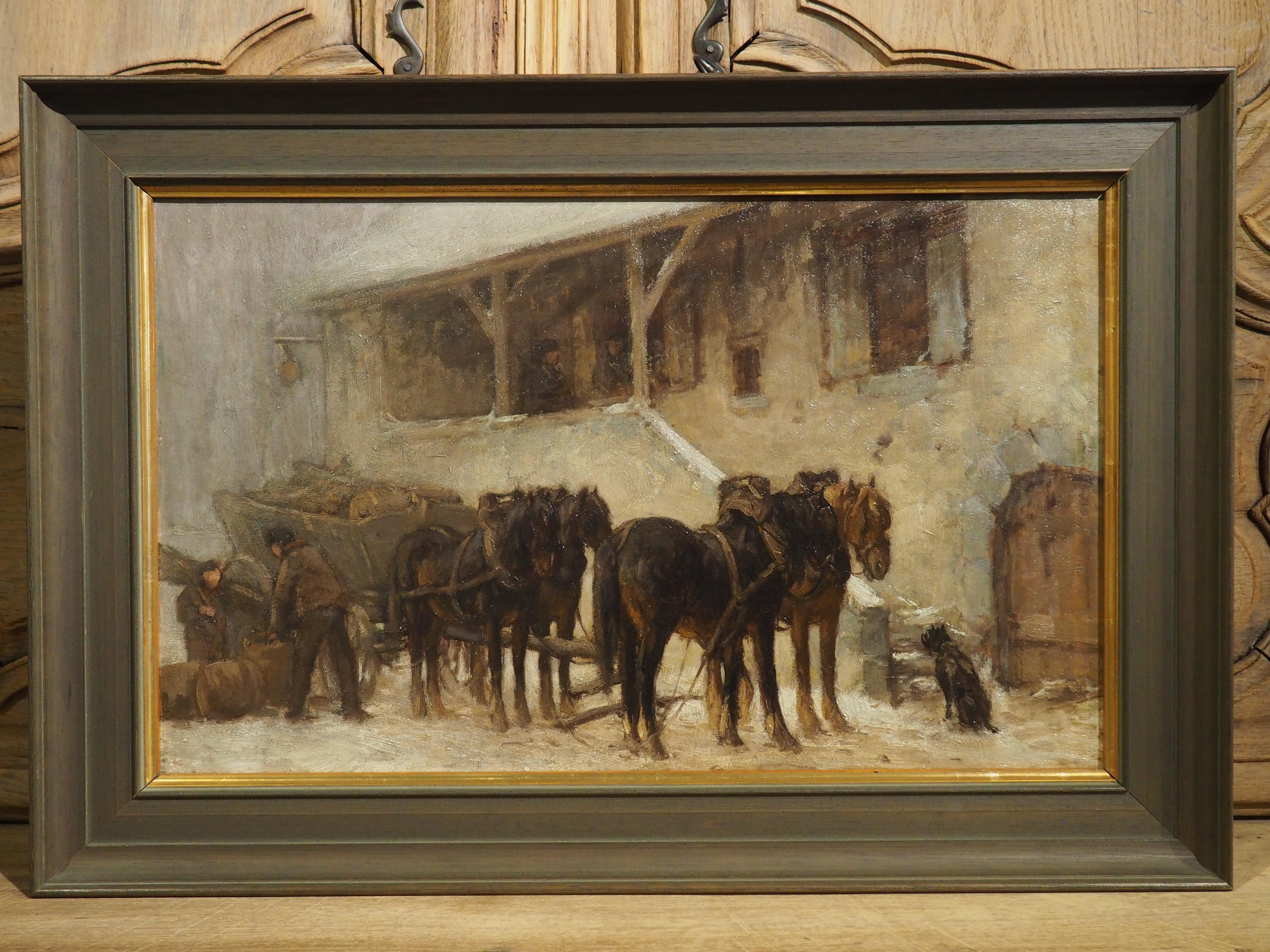 European Antique Oil on Canvas, Loading the Wagon at the Stables in Winter, Circa 1890 For Sale