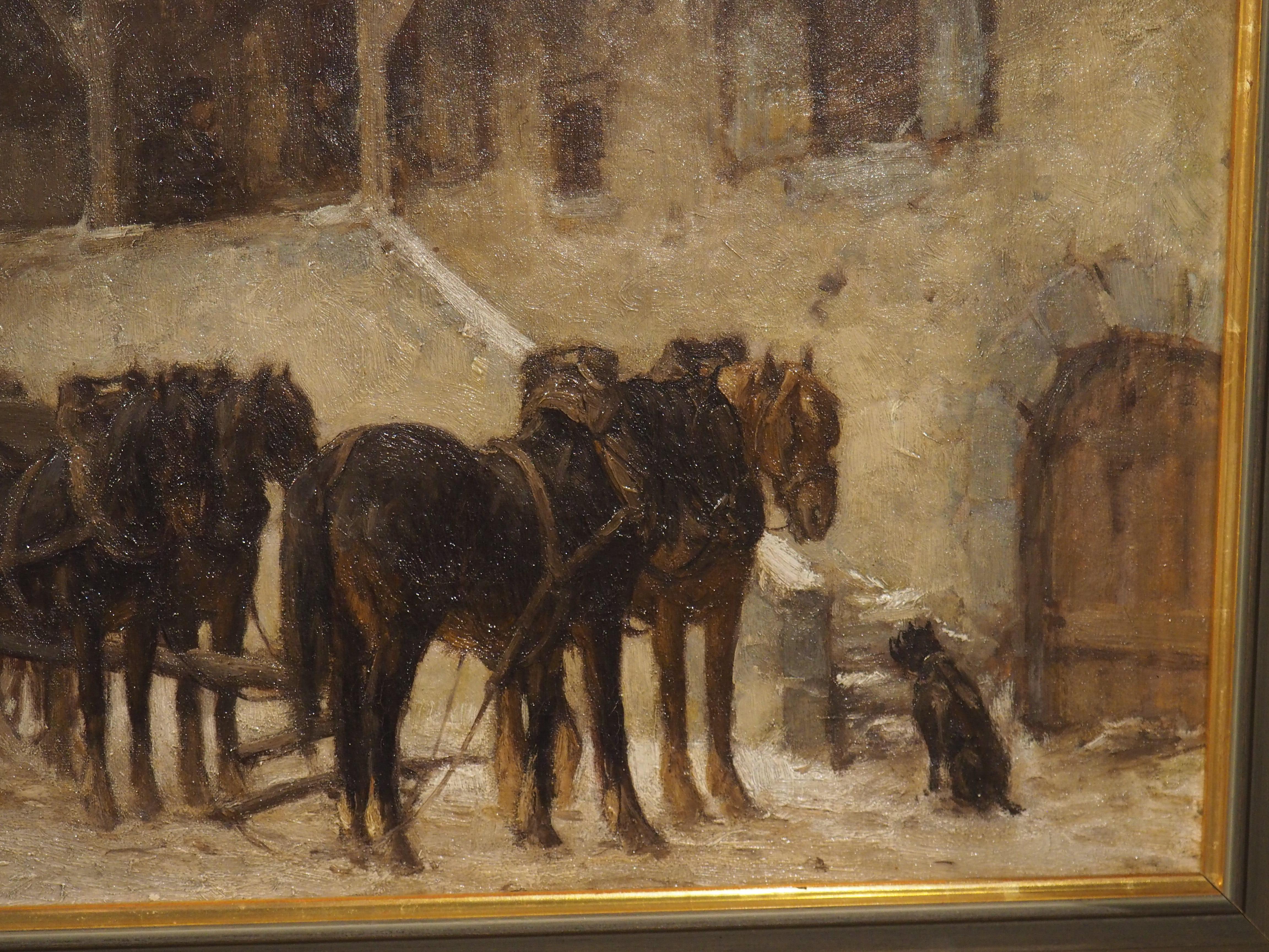 Hand-Painted Antique Oil on Canvas, Loading the Wagon at the Stables in Winter, Circa 1890 For Sale