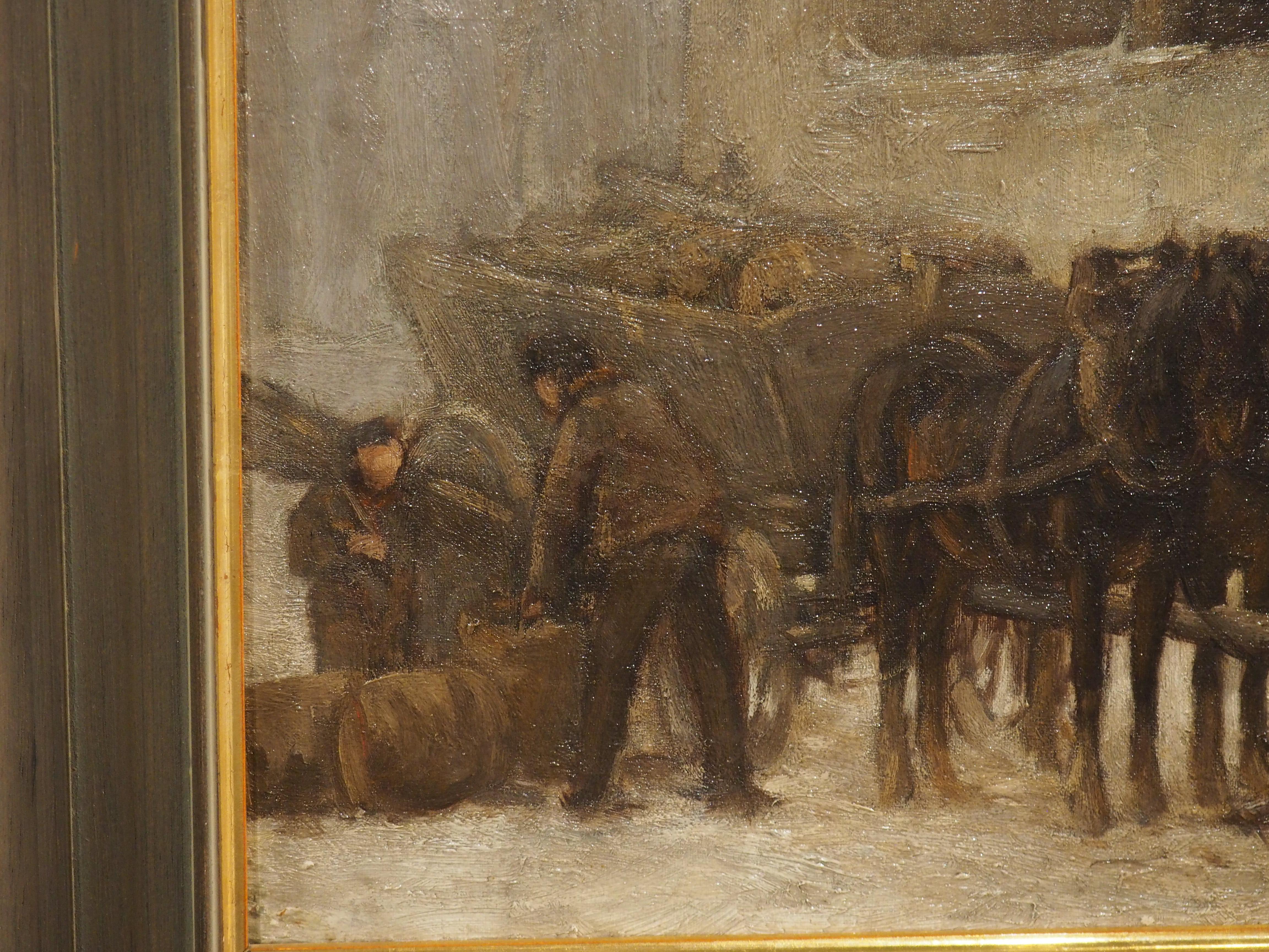 Antique Oil on Canvas, Loading the Wagon at the Stables in Winter, Circa 1890 In Good Condition For Sale In Dallas, TX