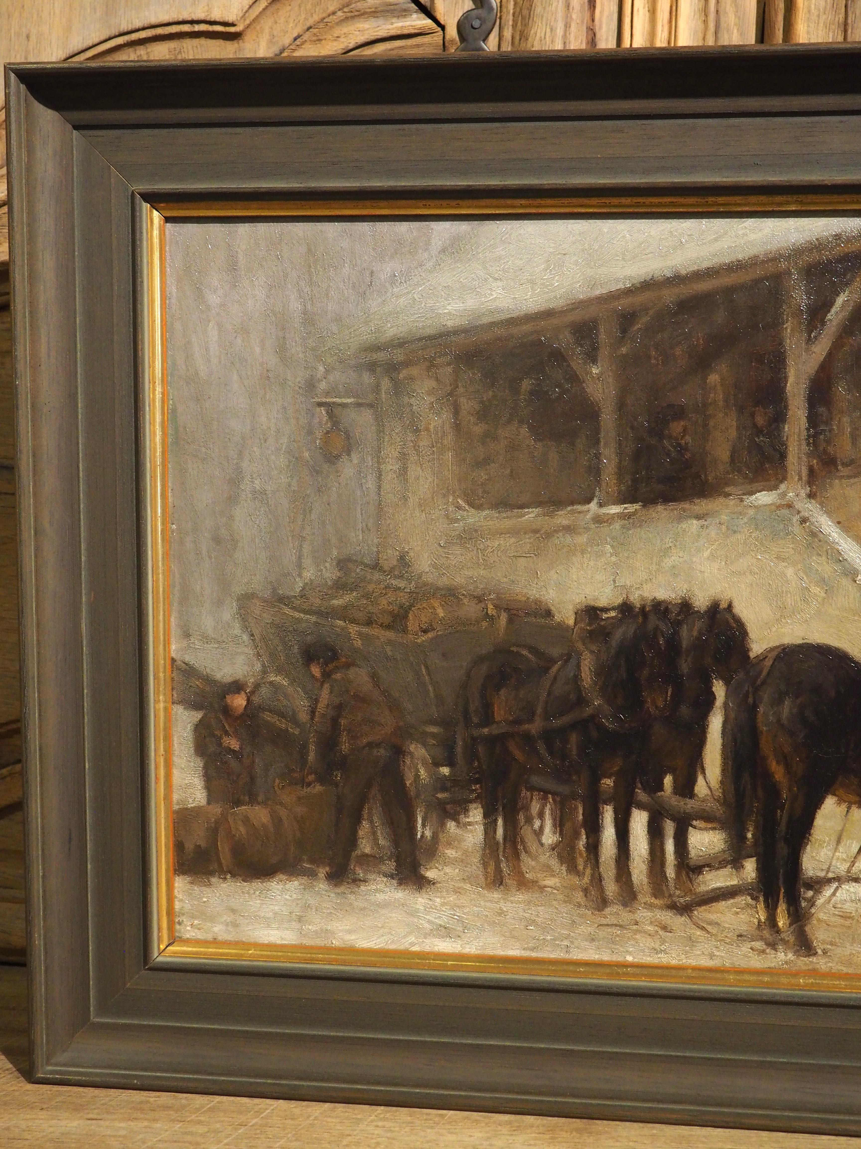 Antique Oil on Canvas, Loading the Wagon at the Stables in Winter, Circa 1890 For Sale 1