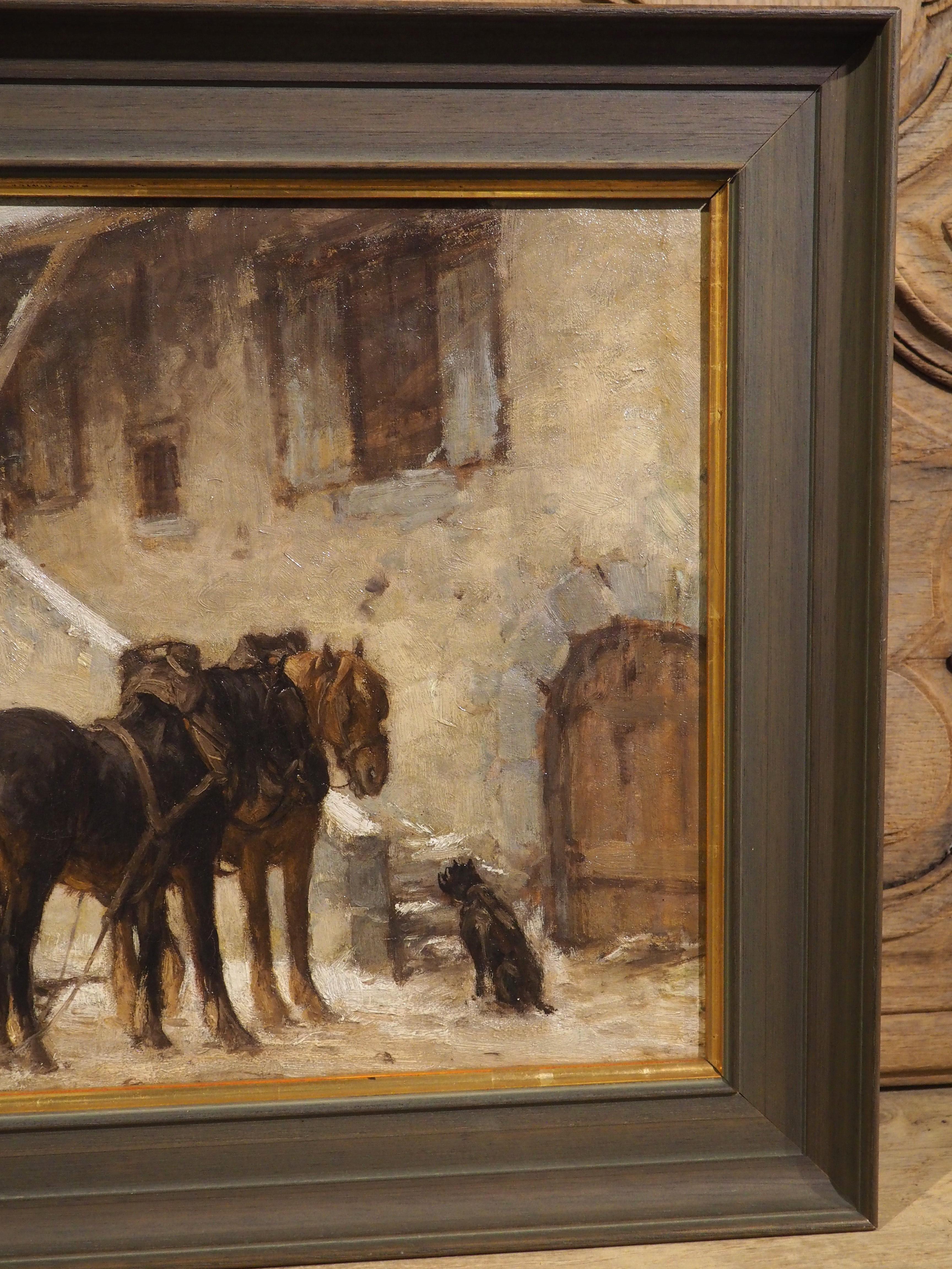 Antique Oil on Canvas, Loading the Wagon at the Stables in Winter, Circa 1890 For Sale 2