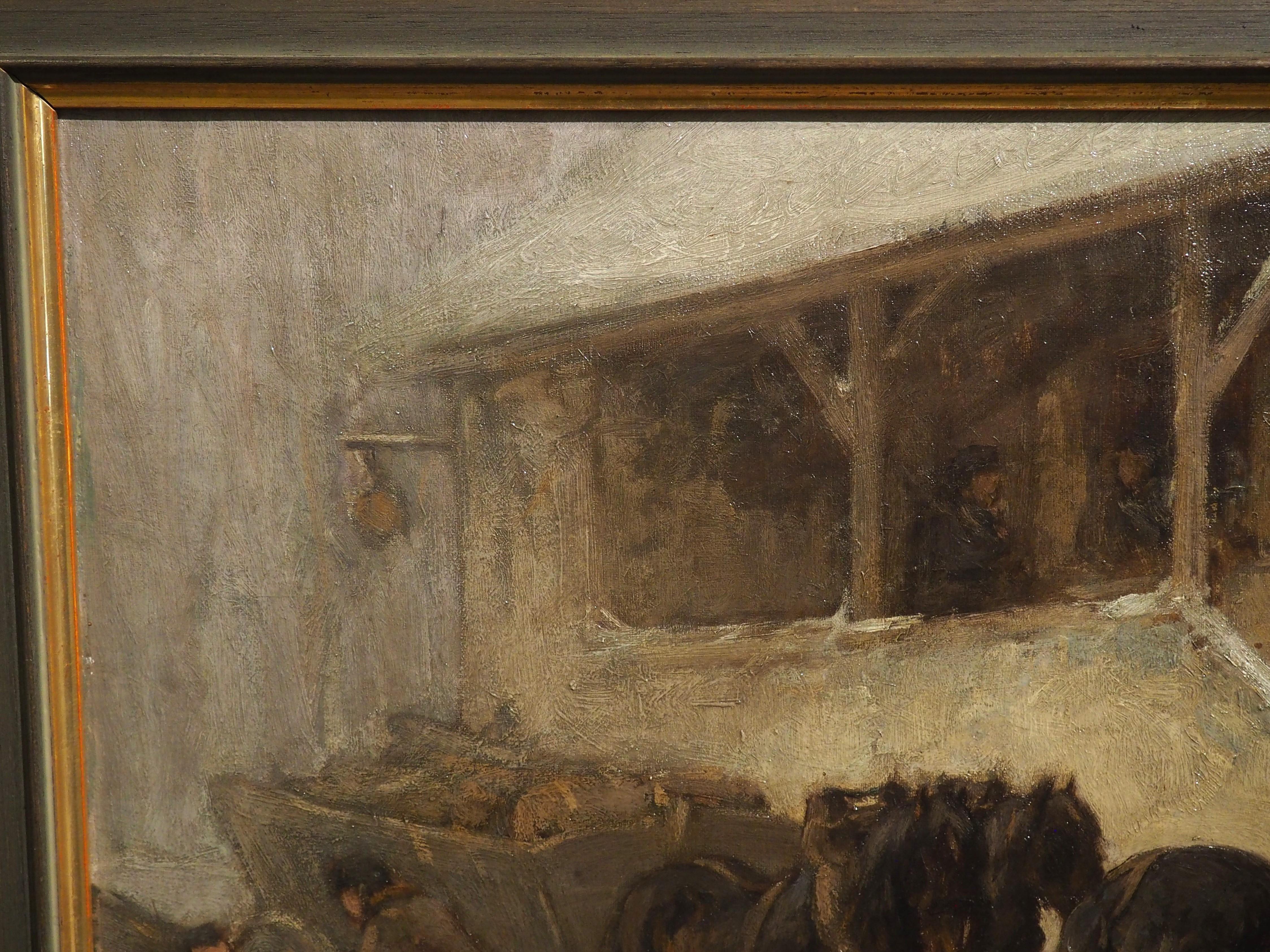 Antique Oil on Canvas, Loading the Wagon at the Stables in Winter, Circa 1890 For Sale 3