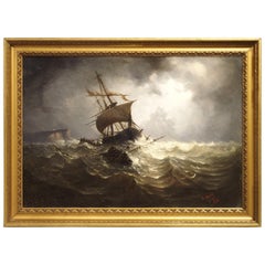 Huile ancienne sur toile Peinture de Marine de Normandie France:: 1883