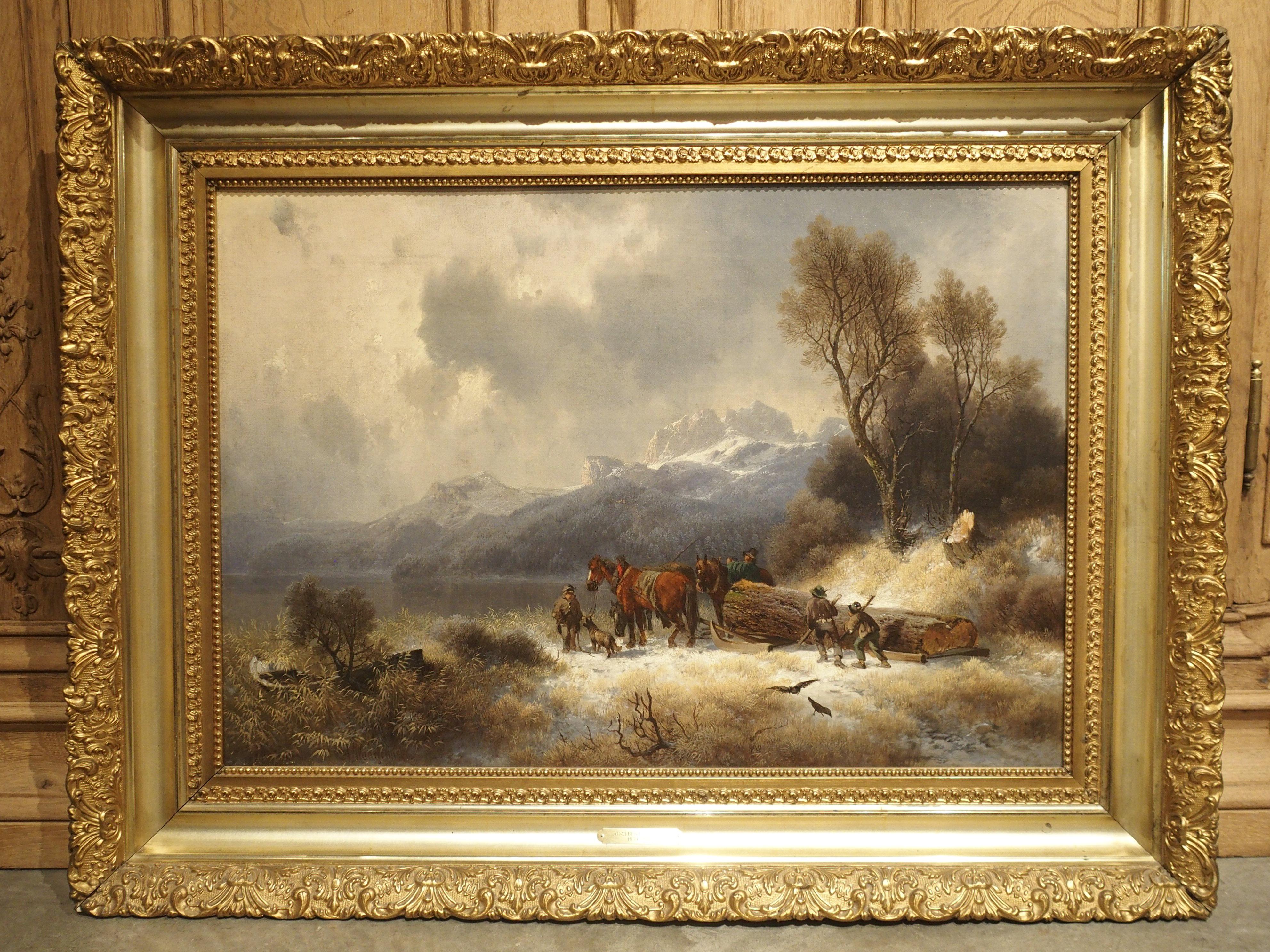 Antique Oil on Canvas, Mountain Horse Logging Scene, Germany, 1867 9
