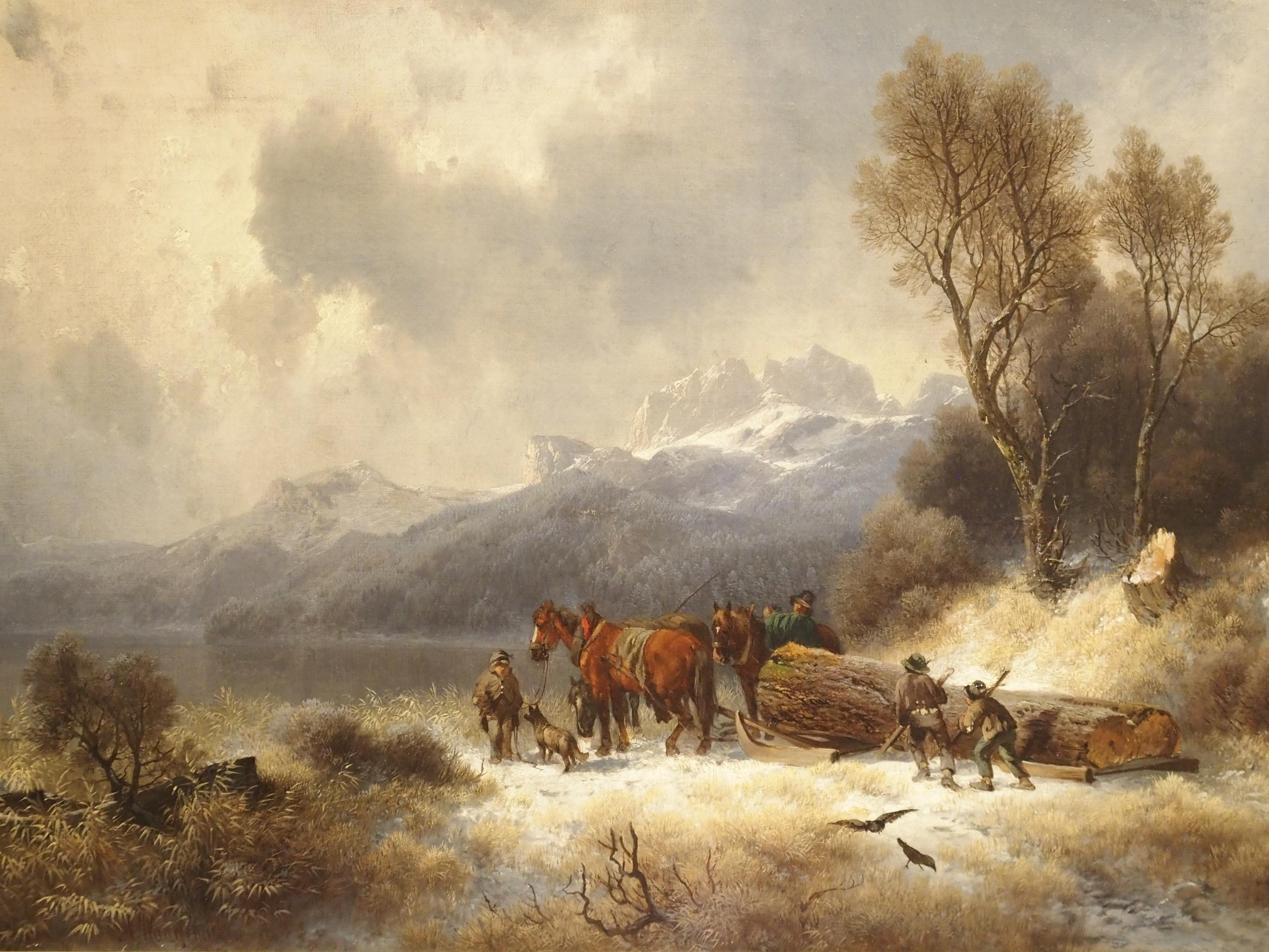 This oil painting of winter in the mountains with a lake in the foreground, depicts horses being readied for moving a massive log cut. The stump where the logs were cut is on the hill to the right. A dog looks out onto the lake, while two crows in