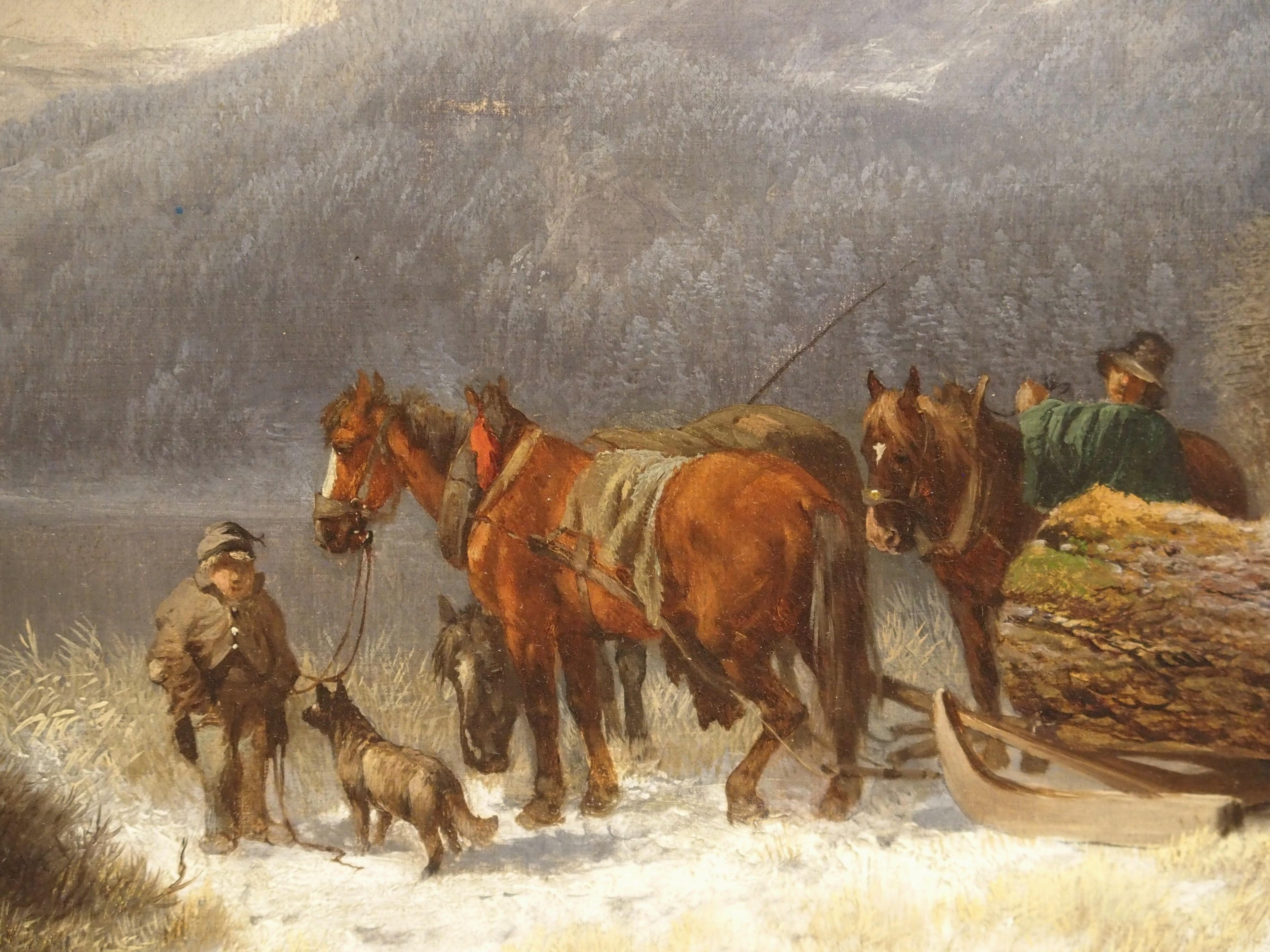 Giltwood Antique Oil on Canvas, Mountain Horse Logging Scene, Germany, 1867
