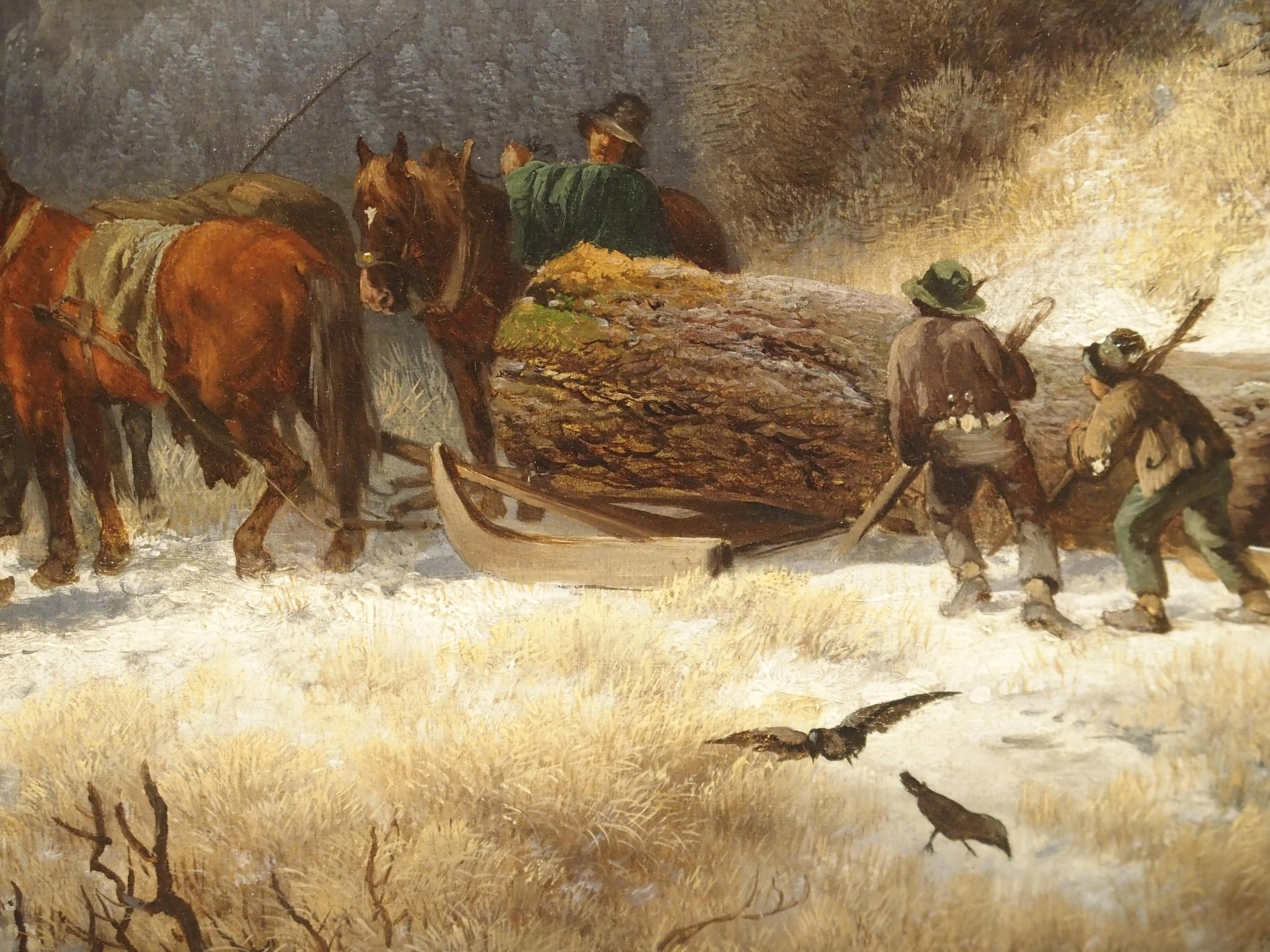 Antique Oil on Canvas, Mountain Horse Logging Scene, Germany, 1867 2