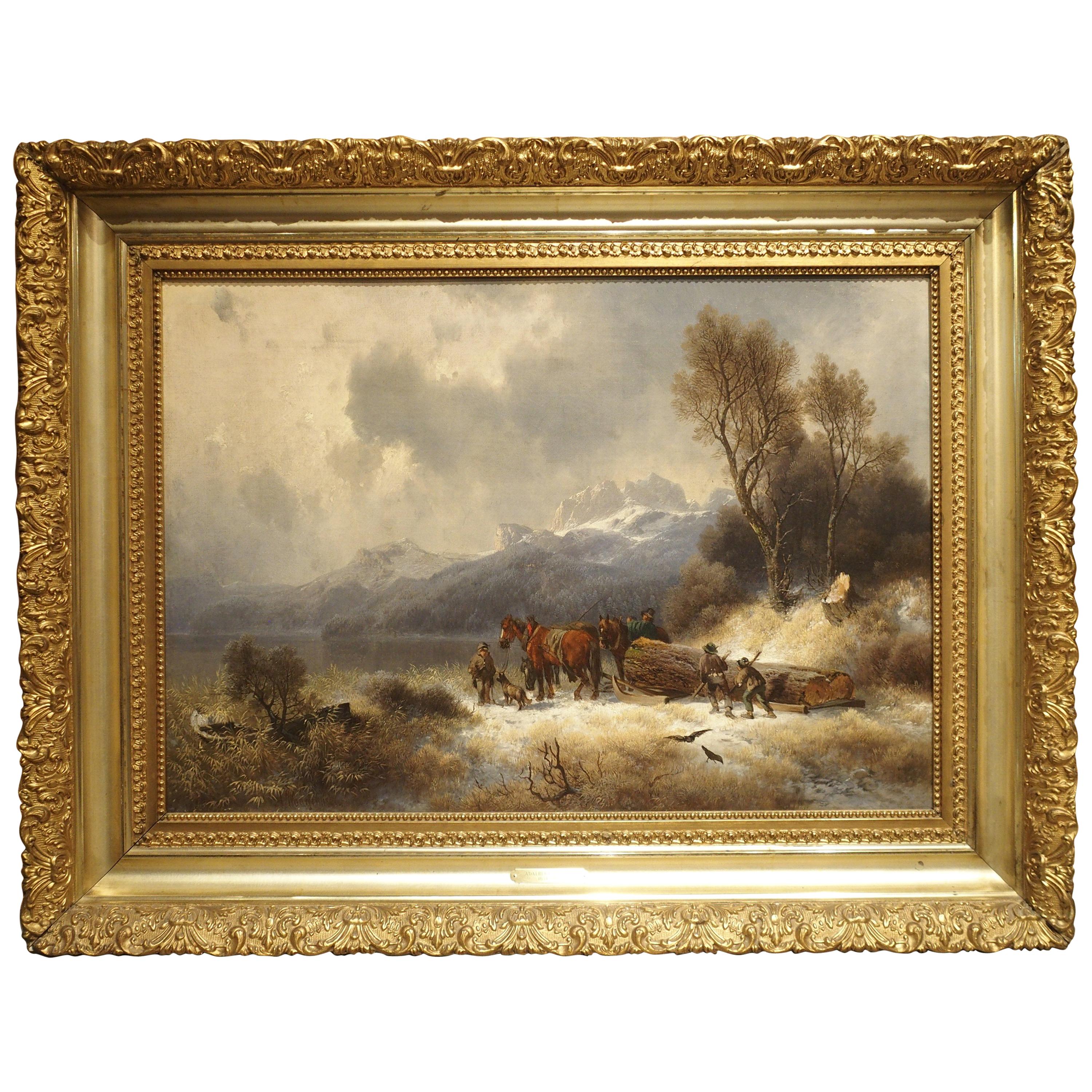 Antique Oil on Canvas, Mountain Horse Logging Scene, Germany, 1867