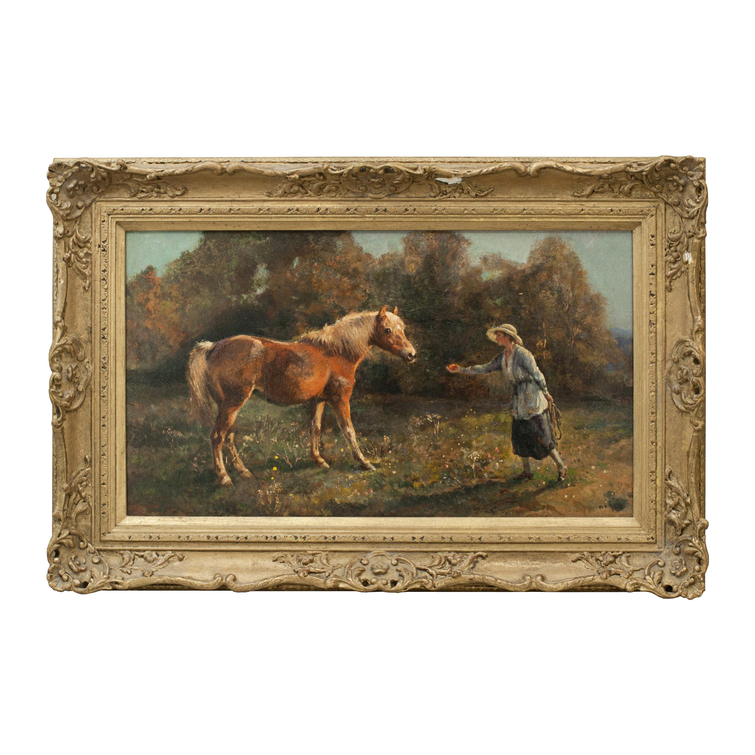 Antique Oil on Canvas of a Lady with Pony, Equestrian Painting