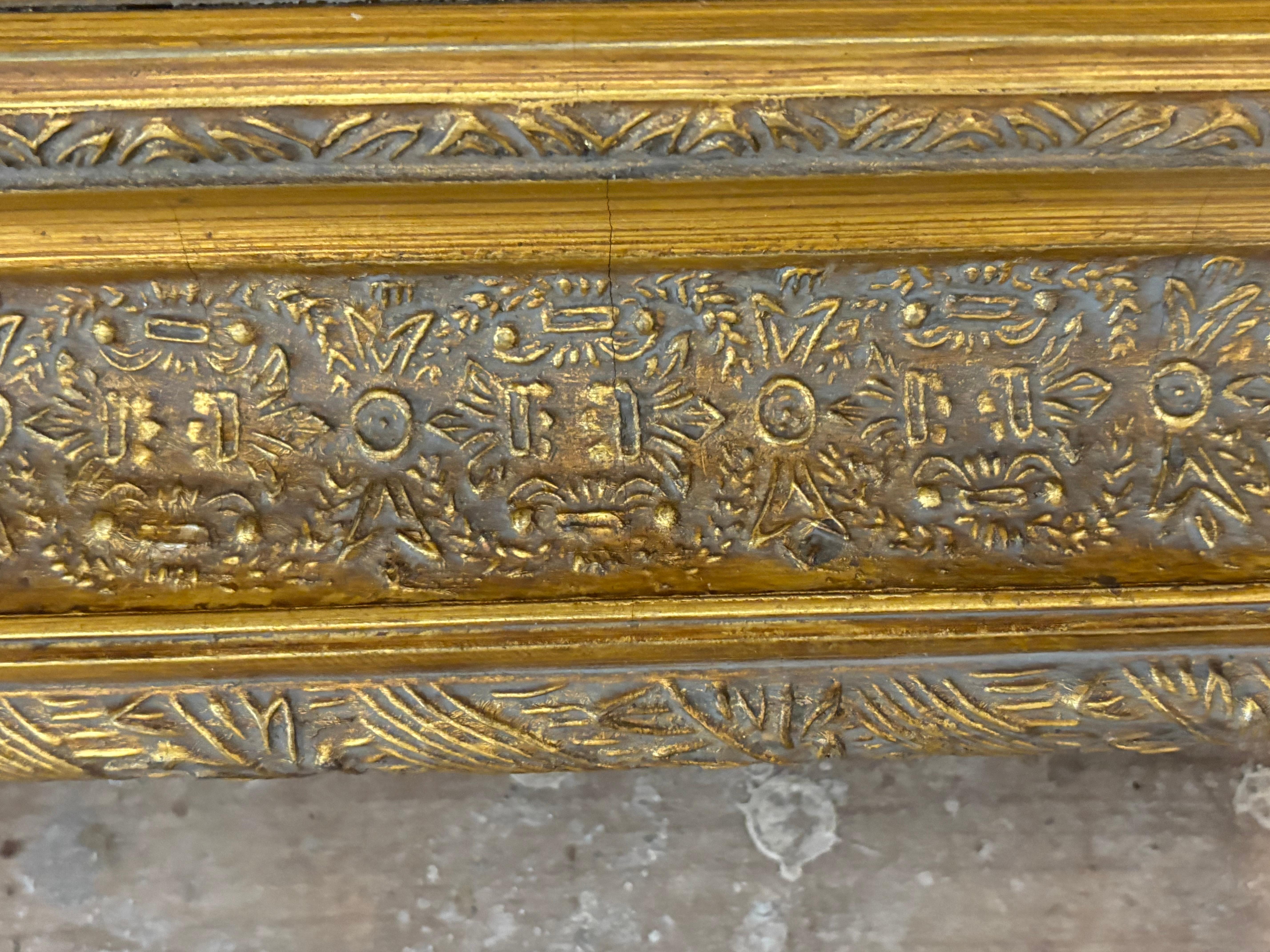 19th Century Antique oil on canvas of landscape with shepherd and sheep in gilt gesso frame.