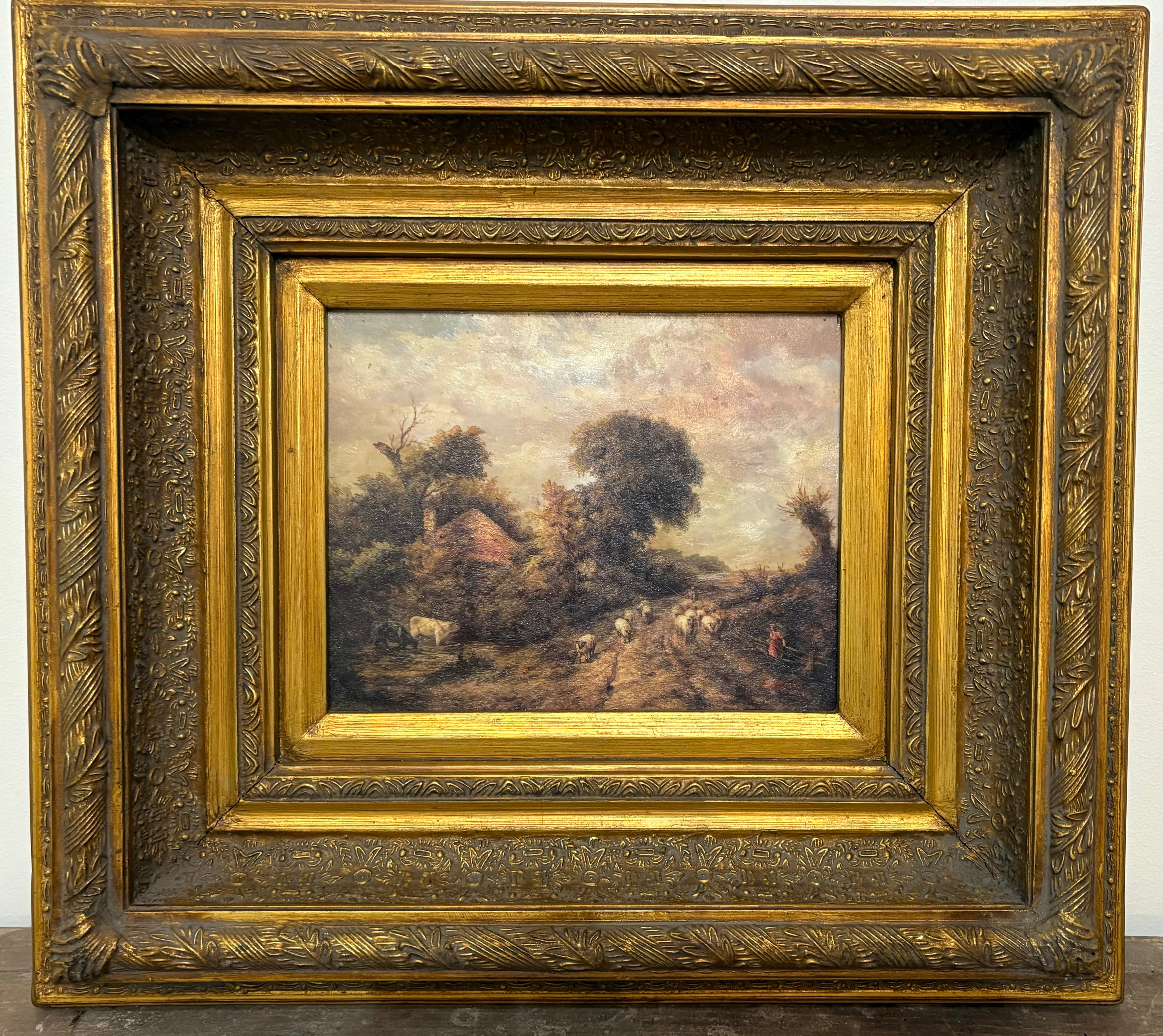 Gesso Antique oil on canvas of landscape with shepherd and sheep in gilt gesso frame.