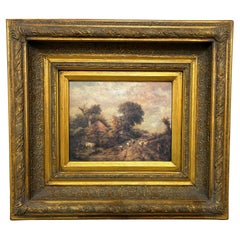 Antique oil on canvas of landscape with shepherd and sheep in gilt gesso frame.