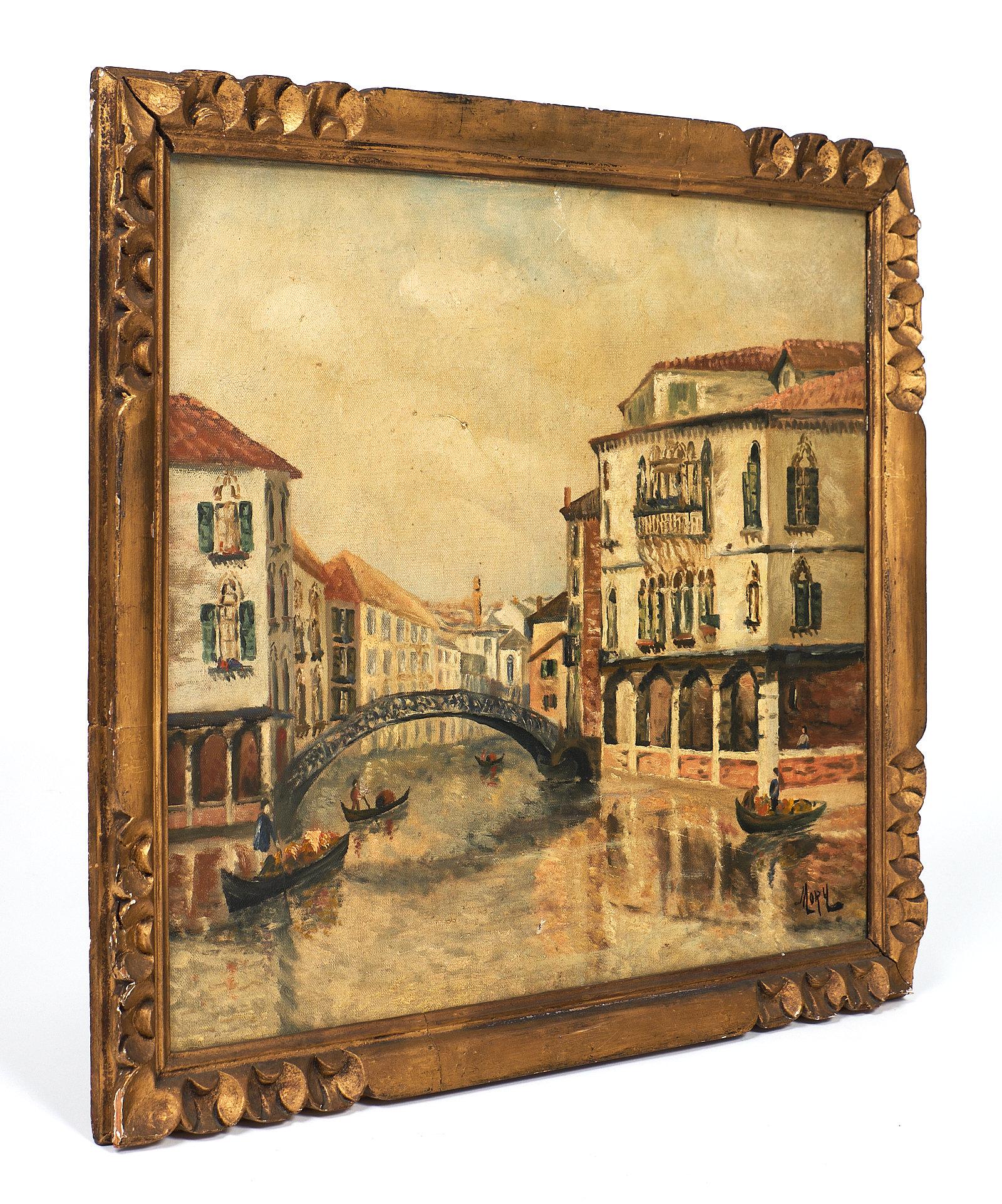 Ancienne peinture à l'huile sur toile de Venise avec son cadre doré d'origine. L'image représente le quartier du Castello à Venise.