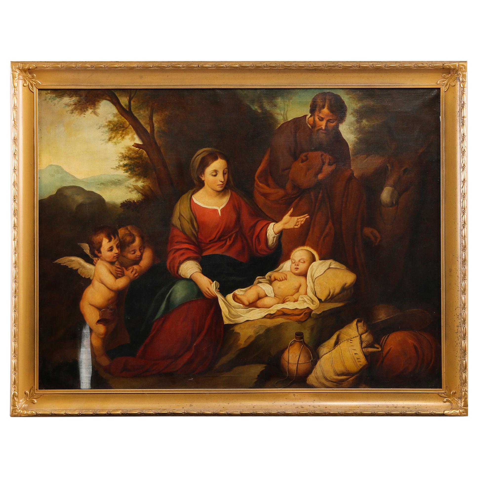 Antique Oil on Canvas Old Master Copy of Birth of Jesus Christ, 20th Century