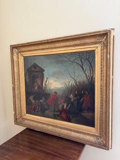 Antique Oil on Canvas Painting "A Skating Party" by Augustine Dallemagne