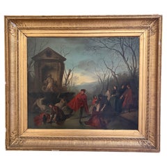 Antique Oil on Canvas Painting "A Skating Party" by Augustine Dallemagne