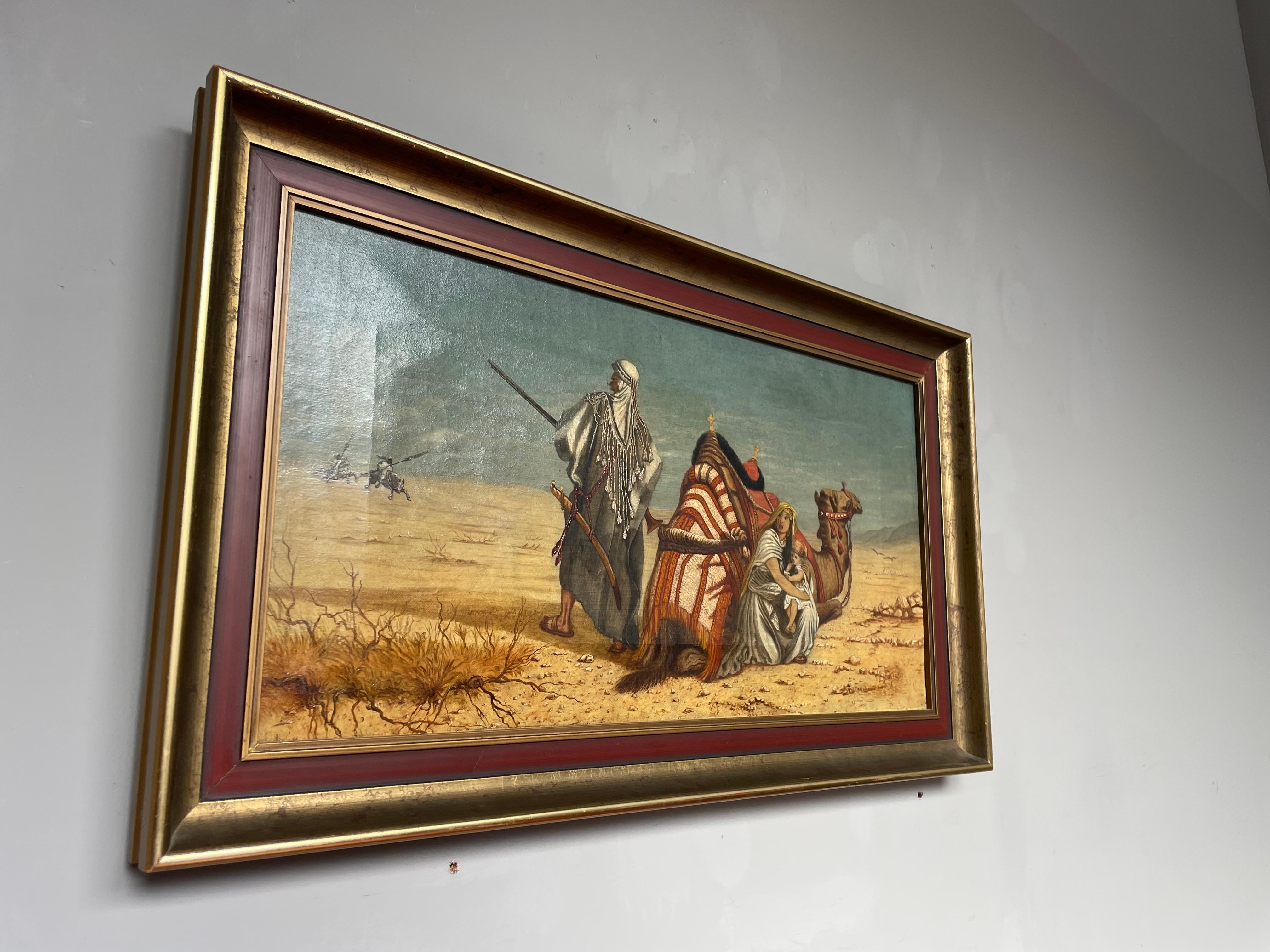 Antique Oil on Canvas Painting Arabic Male & Camel in Desert Protecting Spouse For Sale 1