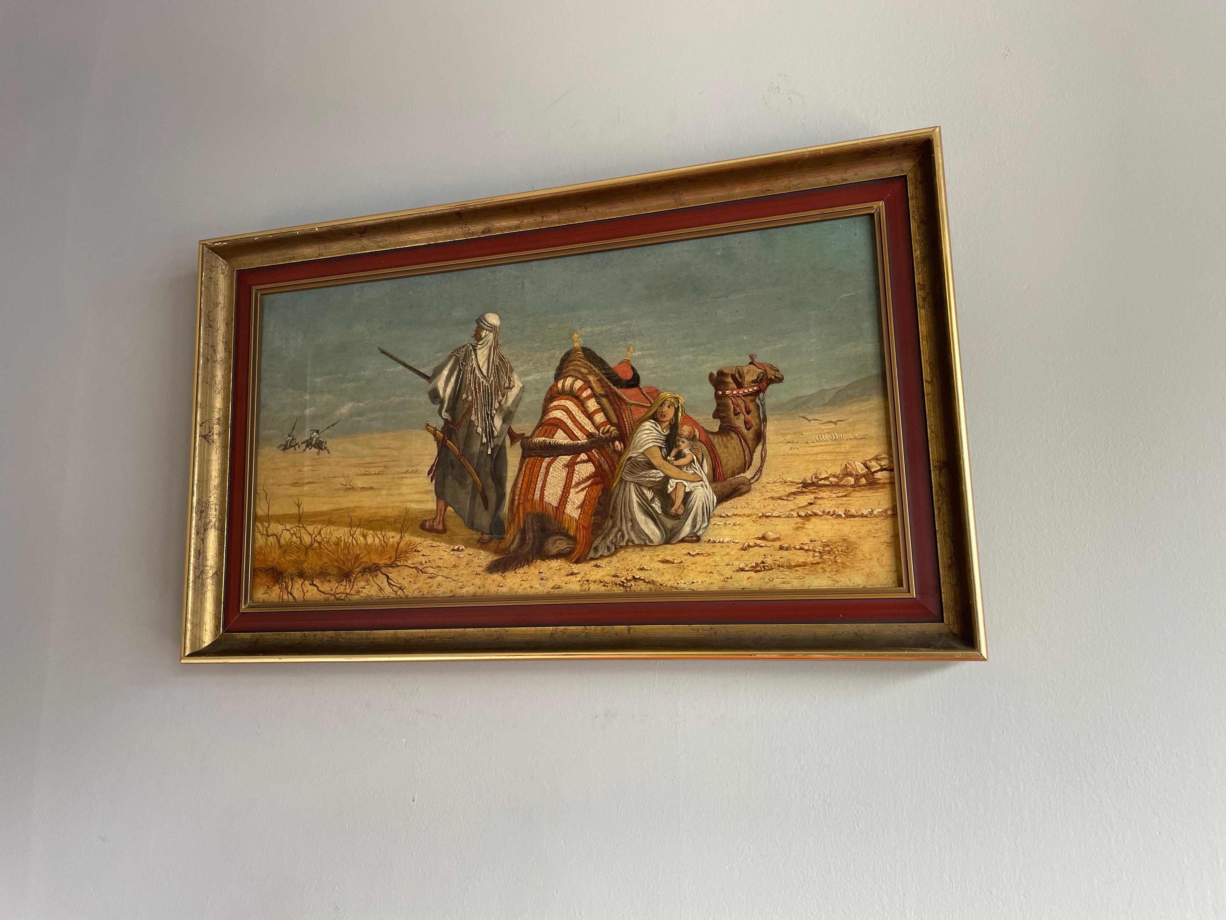 Antique Oil on Canvas Painting Arabic Male & Camel in Desert Protecting Spouse For Sale 2