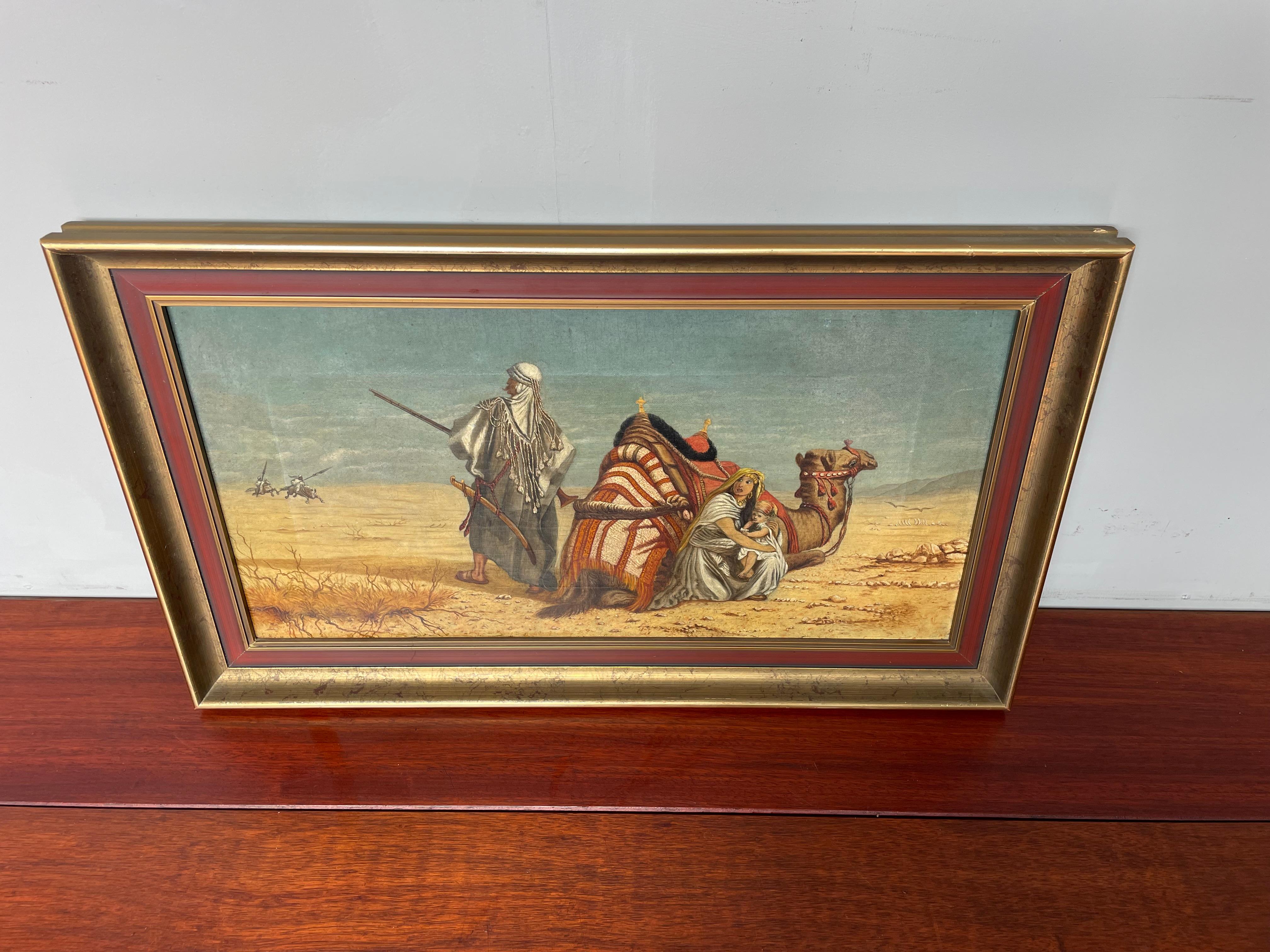 Antique Oil on Canvas Painting Arabic Male & Camel in Desert Protecting Spouse For Sale 6