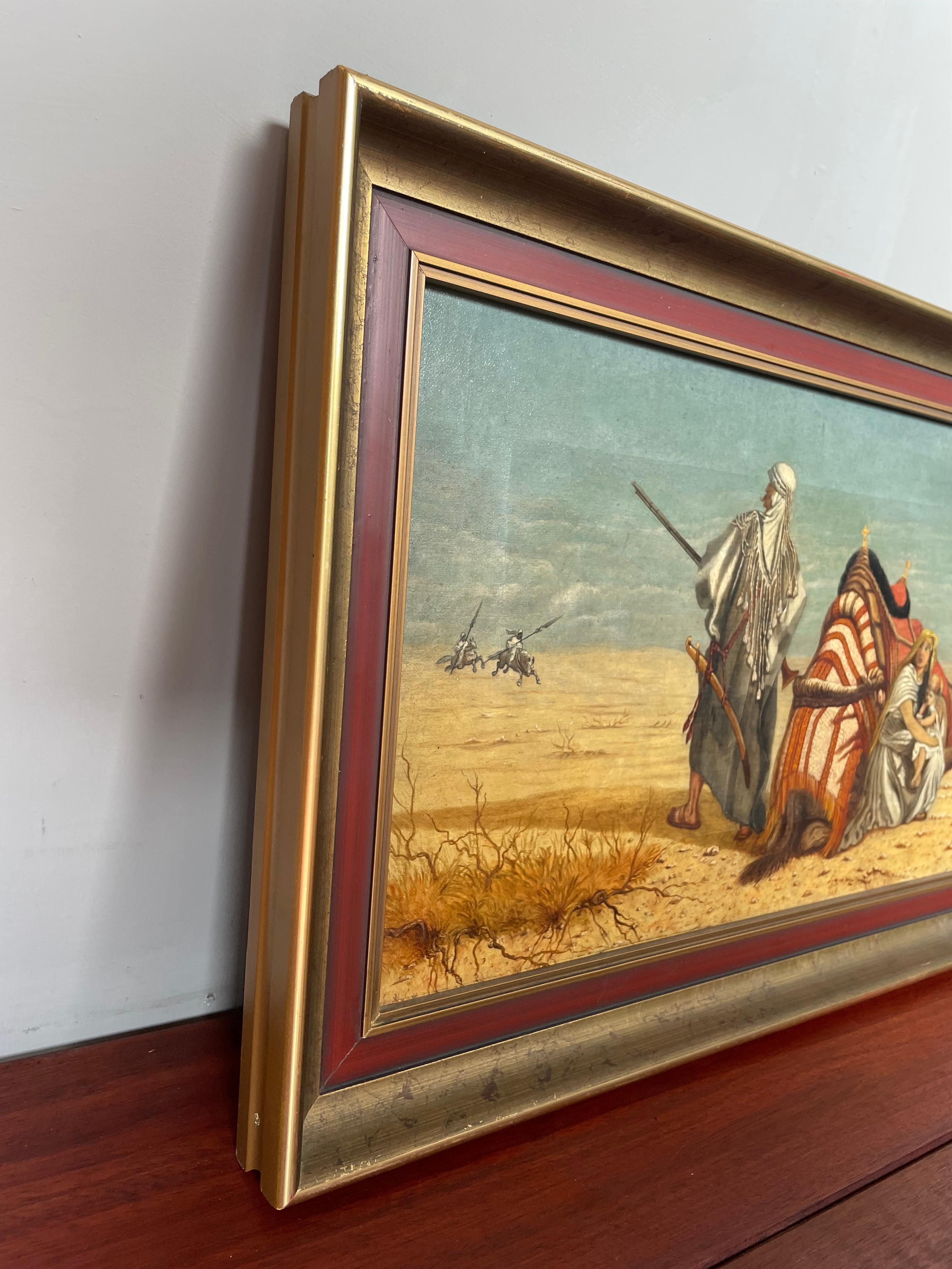 Antique Oil on Canvas Painting Arabic Male & Camel in Desert Protecting Spouse For Sale 10