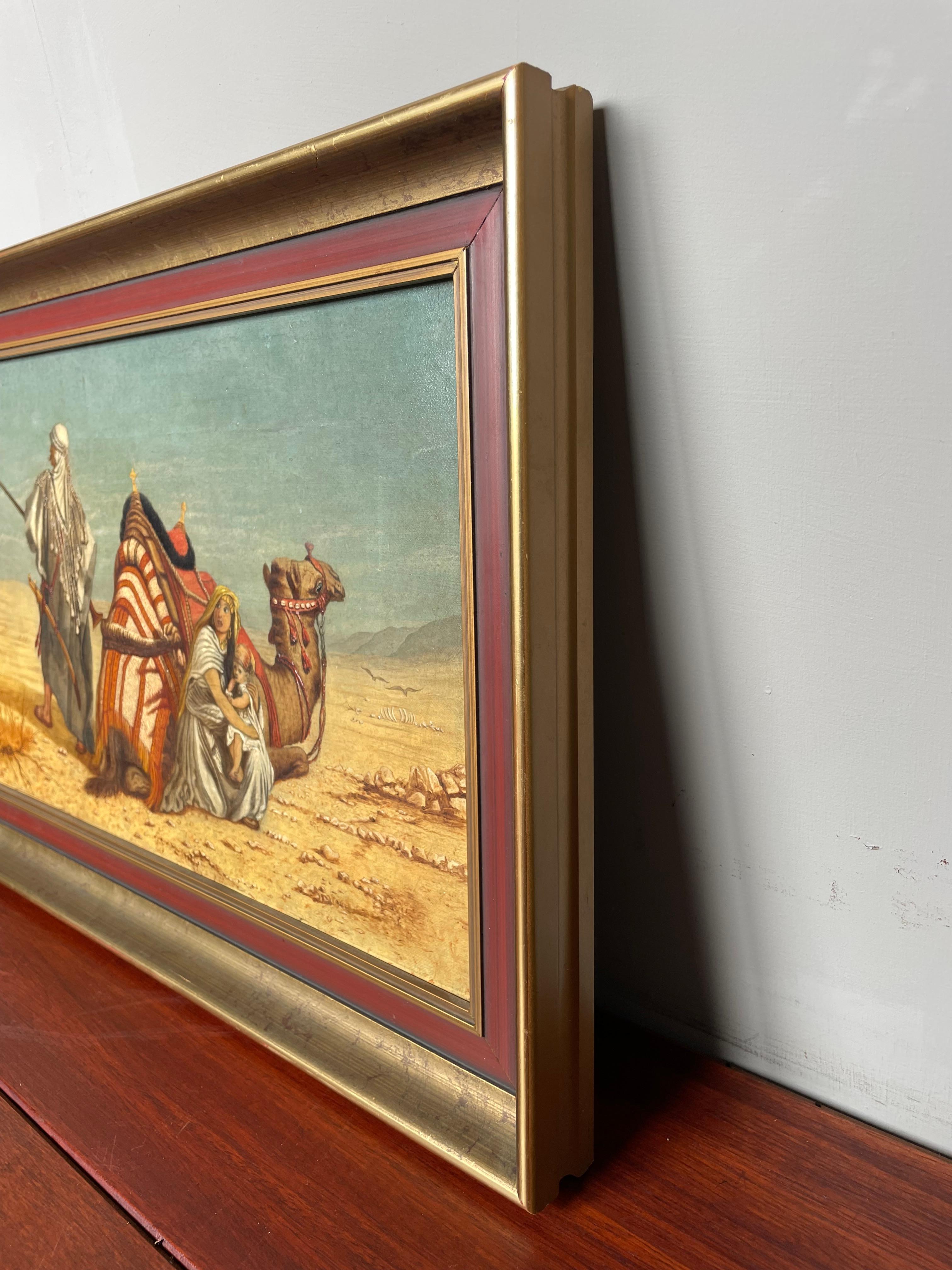 Antique Oil on Canvas Painting Arabic Male & Camel in Desert Protecting Spouse For Sale 11