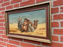 Antique Oil on Canvas Painting Arabic Male & Camel in Desert Protecting Spouse