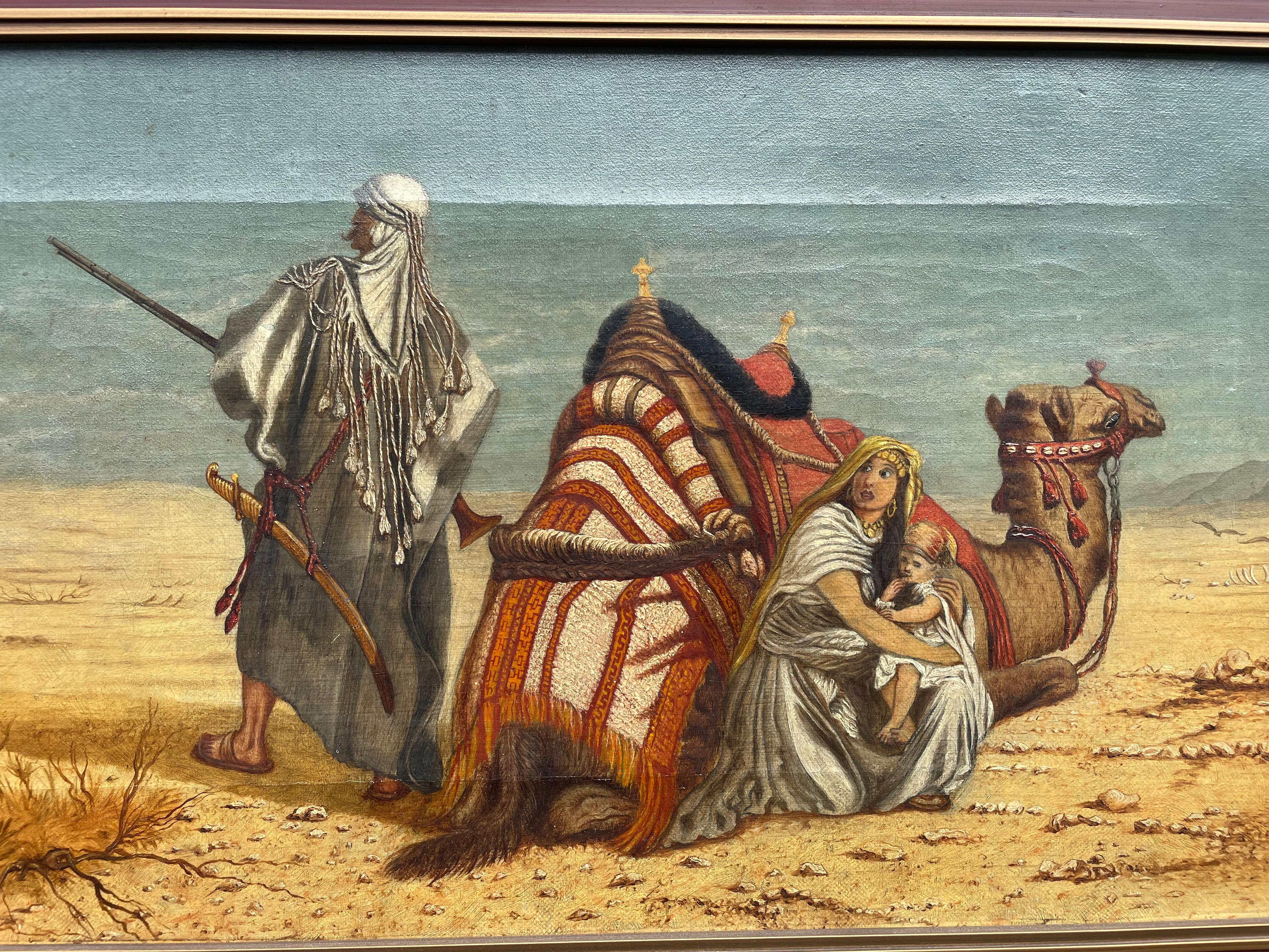 Victorian Antique Oil on Canvas Painting Arabic Male & Camel in Desert Protecting Spouse For Sale