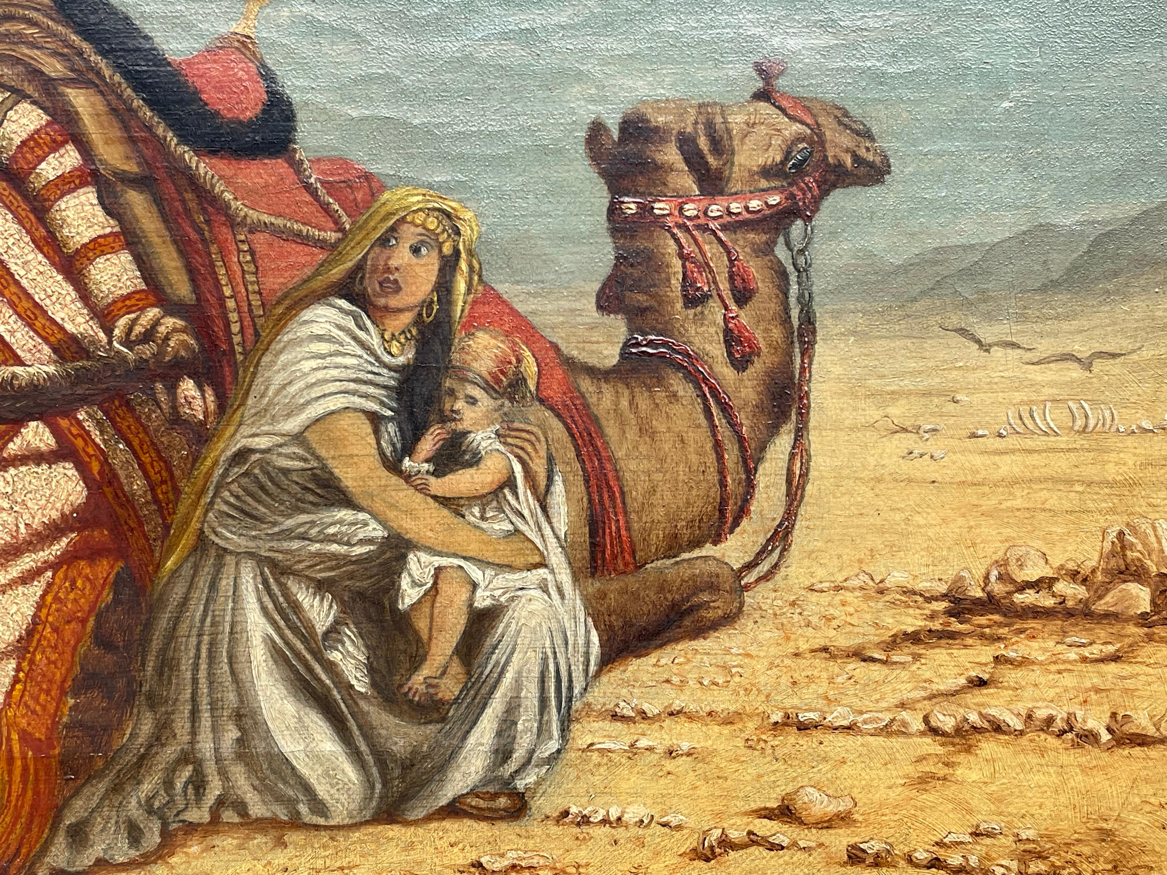 Antique Oil on Canvas Painting Arabic Male & Camel in Desert Protecting Spouse In Good Condition For Sale In Lisse, NL