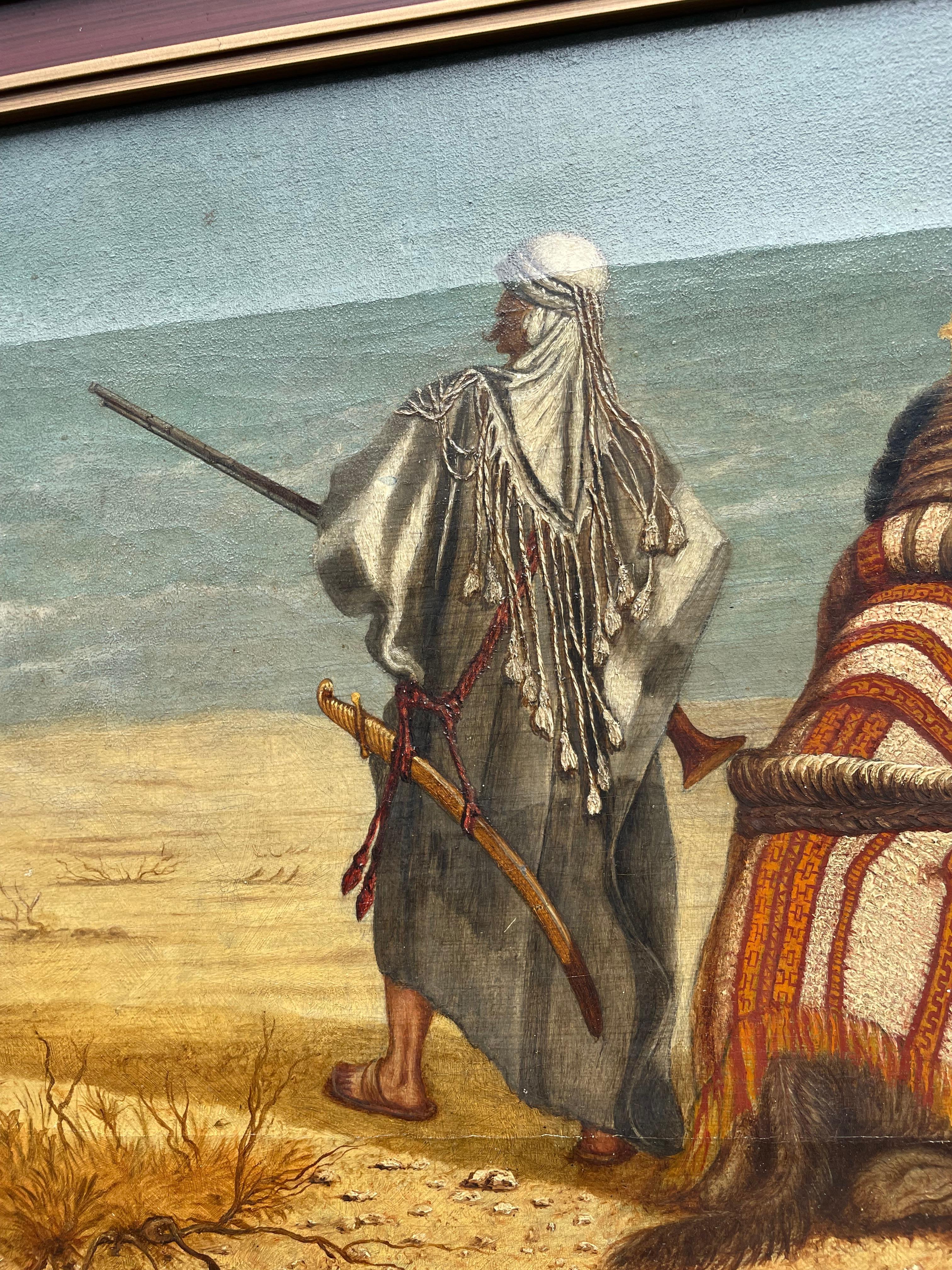 Antikes Gemälde, Öl auf Leinwand, arabisch, männlich, und Kamel, Wüstenschutzlöffel (19. Jahrhundert) im Angebot