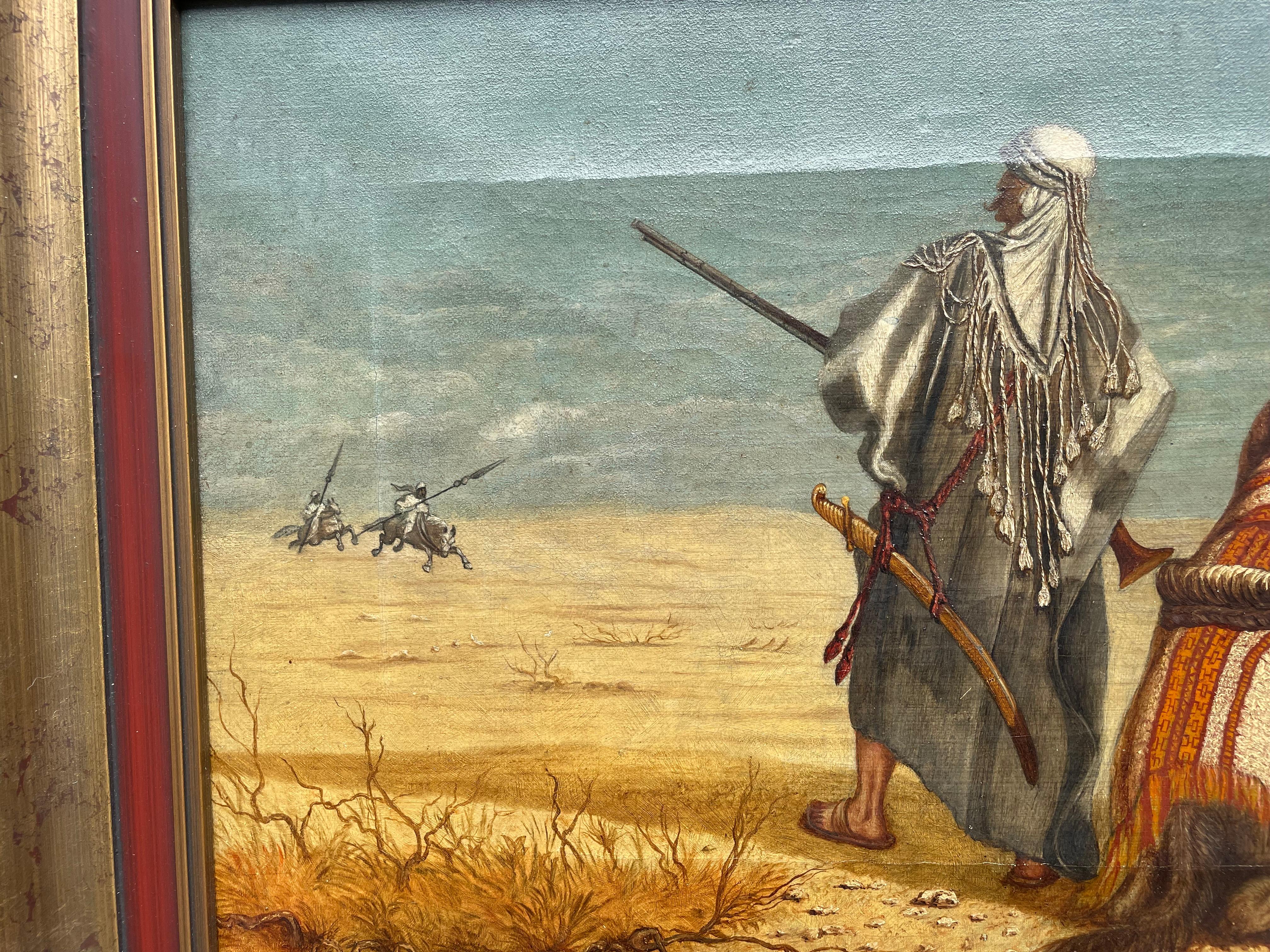 19th Century Antique Oil on Canvas Painting Arabic Male & Camel in Desert Protecting Spouse For Sale