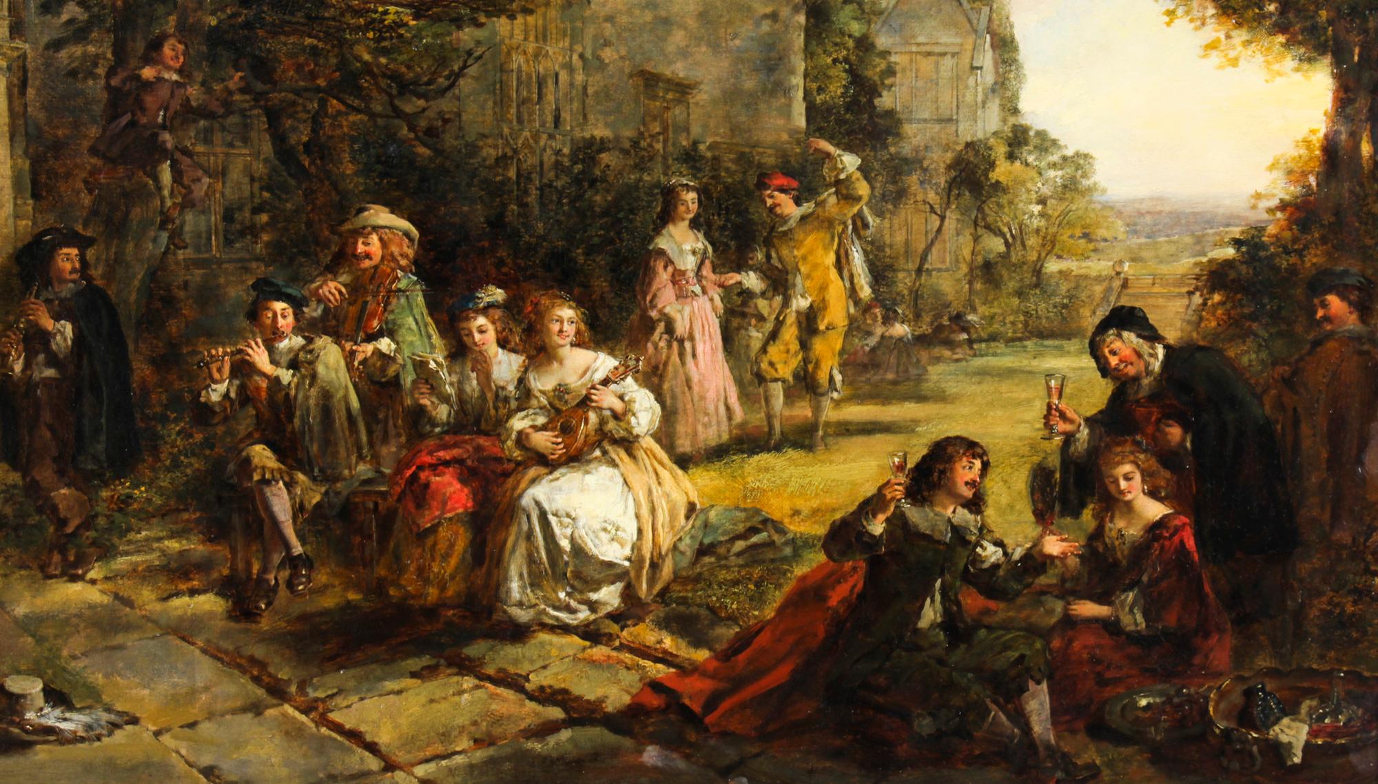 A lovely English oil on canvas paintings by Daniel Pasmore, (1829-1891) signed and dated 1873.
The painting delightfully presents an expansive scene with people in period costumes playing music, drinking and generally cavorting in front of a large