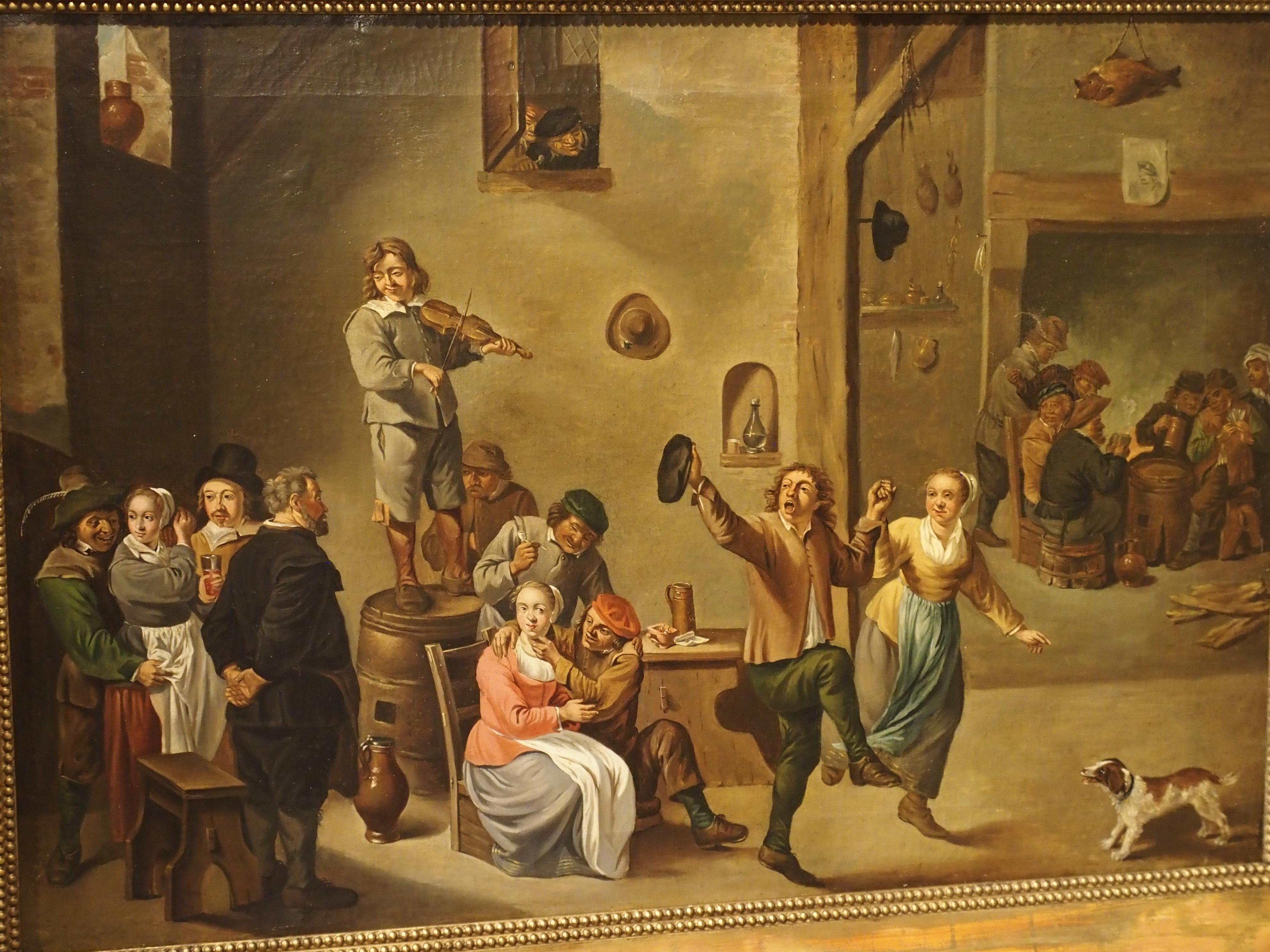 Antique Oil on Canvas Painting, Interior of an Inn with Dancing Peasants, 18th C For Sale 12