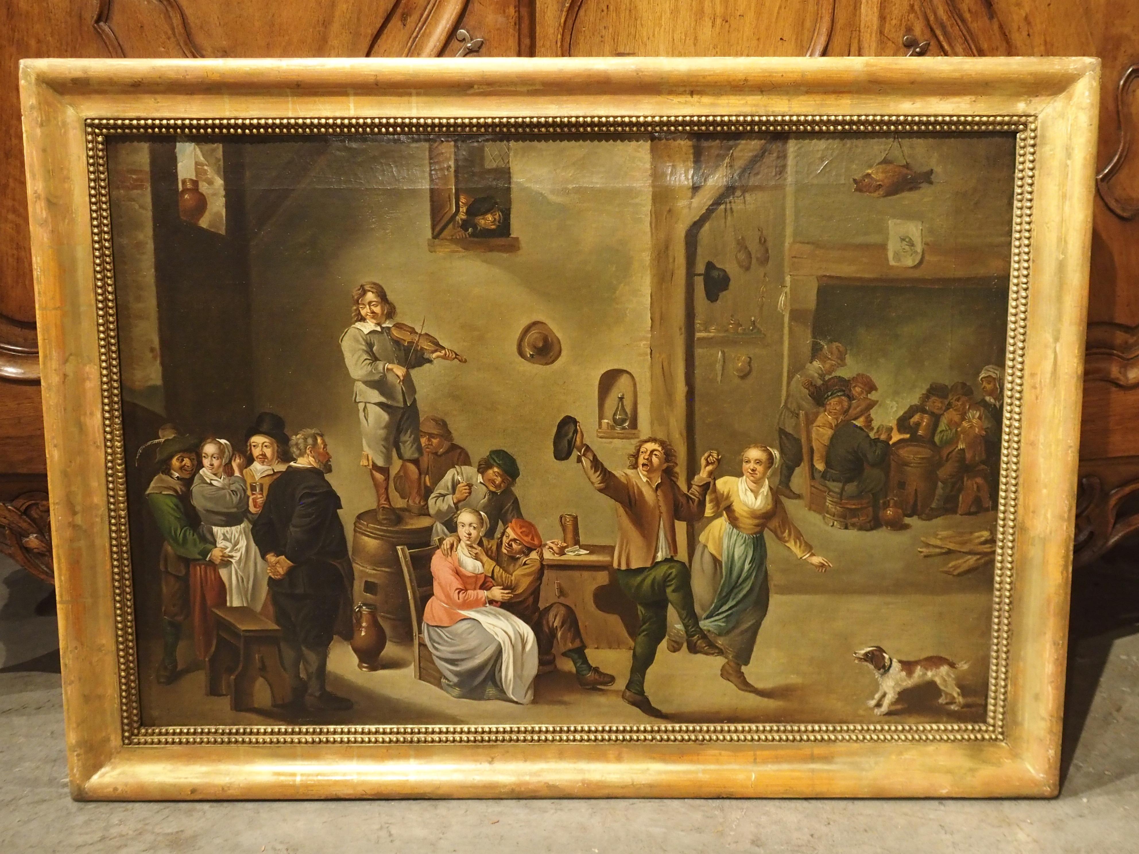 Antique Oil on Canvas Painting, Interior of an Inn with Dancing Peasants, 18th C For Sale 13