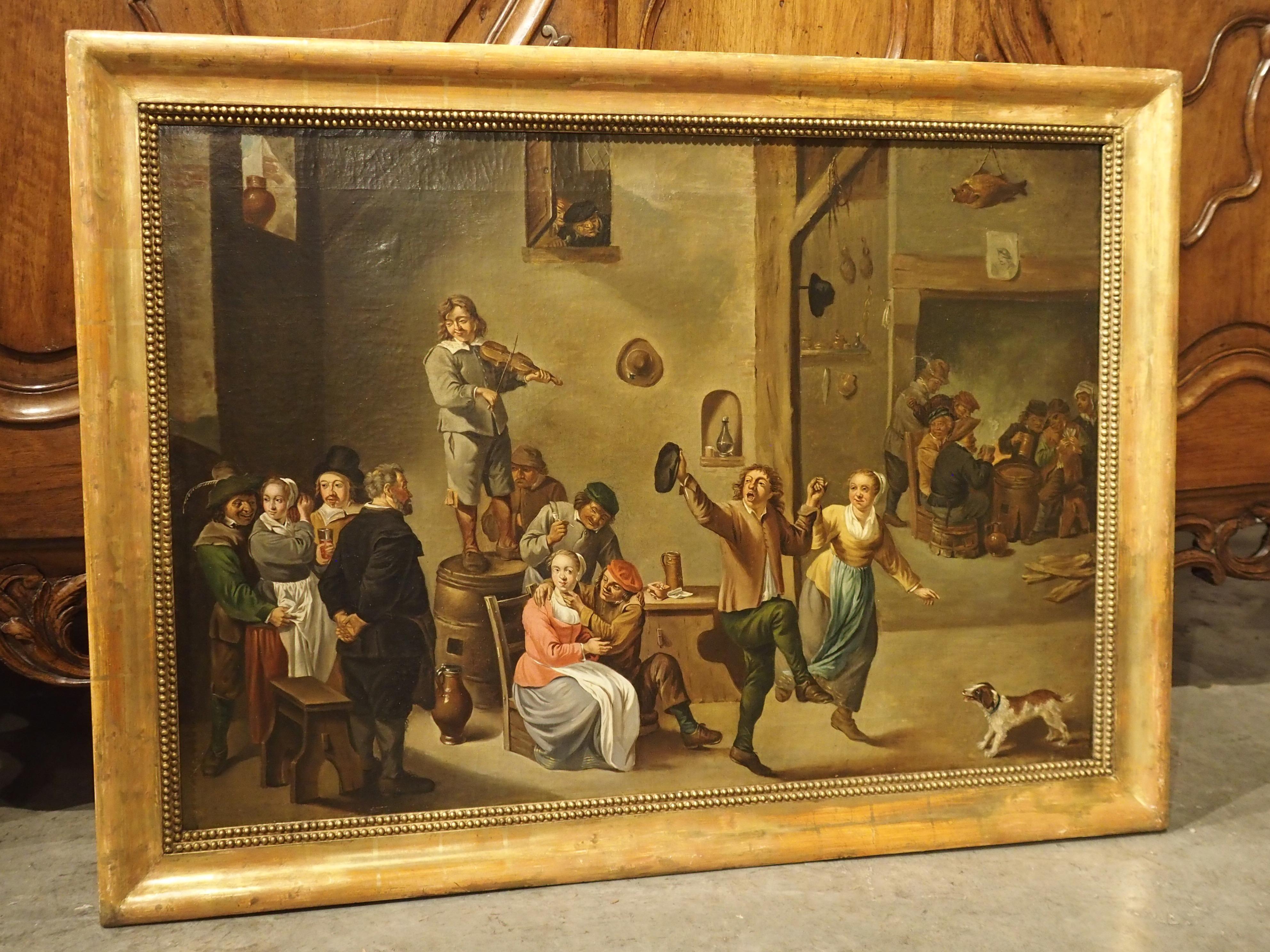 European Antique Oil on Canvas Painting, Interior of an Inn with Dancing Peasants, 18th C For Sale