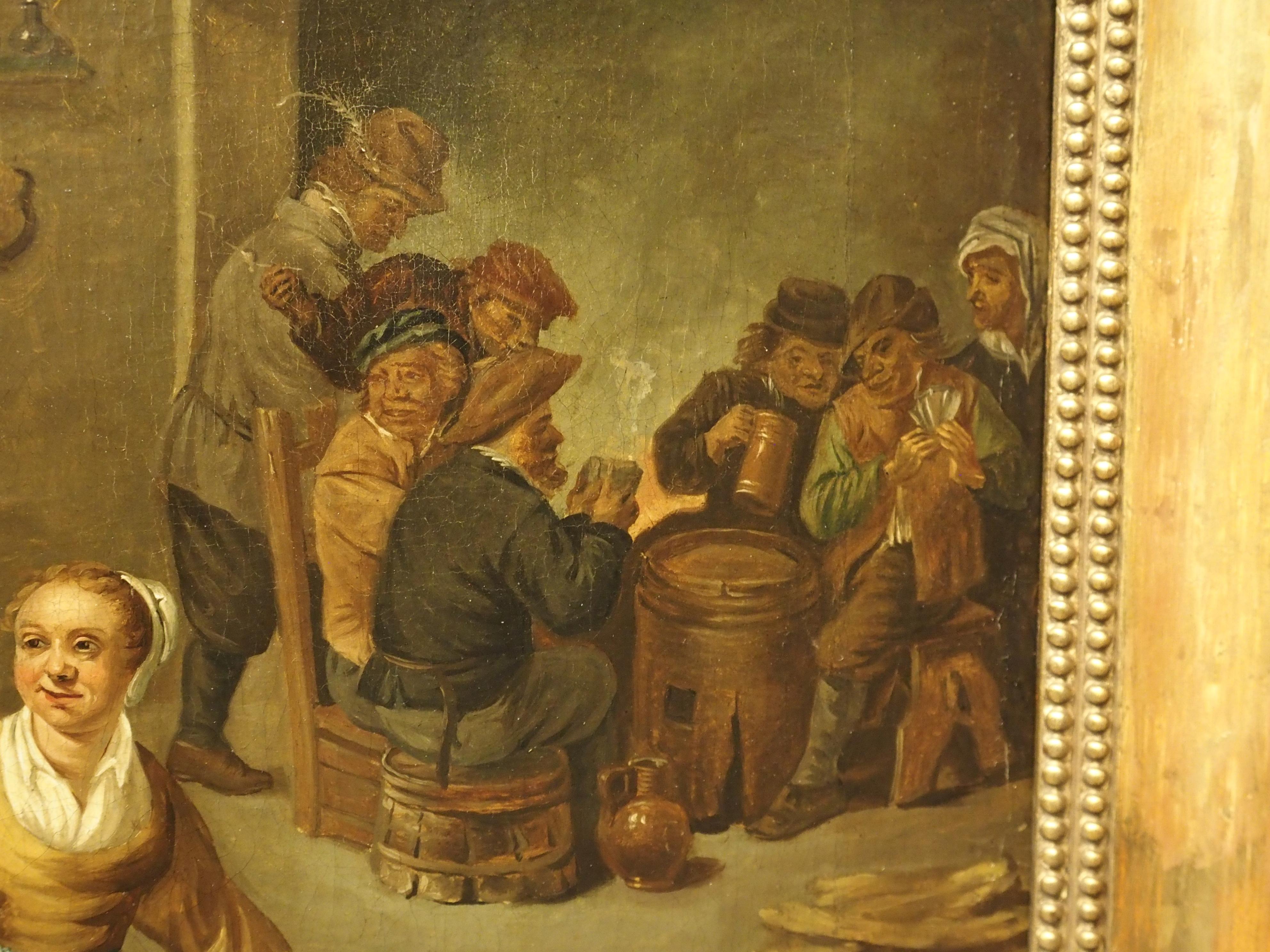 Antique Oil on Canvas Painting, Interior of an Inn with Dancing Peasants, 18th C In Good Condition For Sale In Dallas, TX
