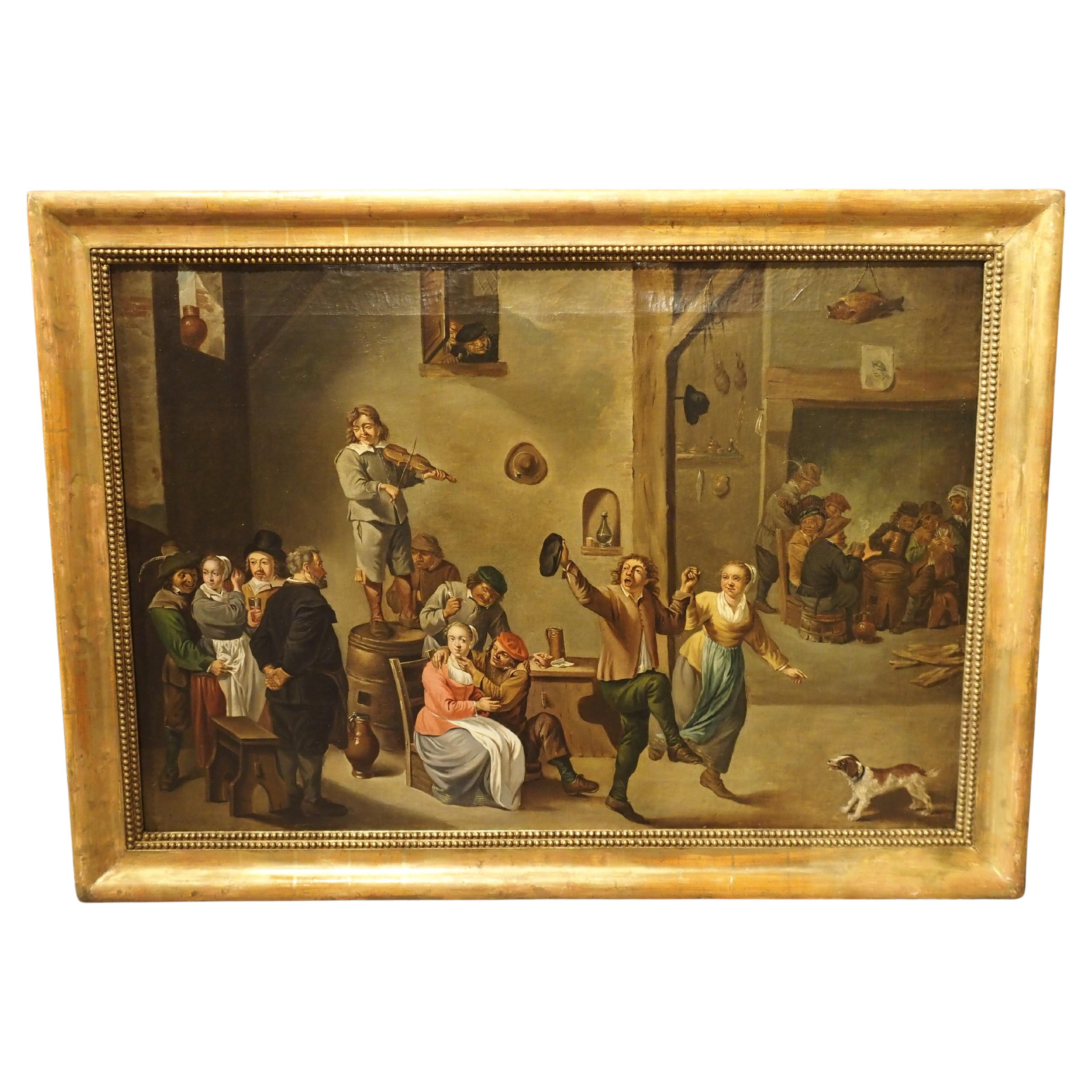 Peinture à l'huile sur toile ancienne, intérieur d'une auberge avec paysans dansant, 18e siècle