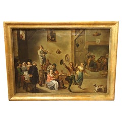 Vintage Oil on Canvas Painting, Interior of an Inn with Dancing Peasants, 18th C